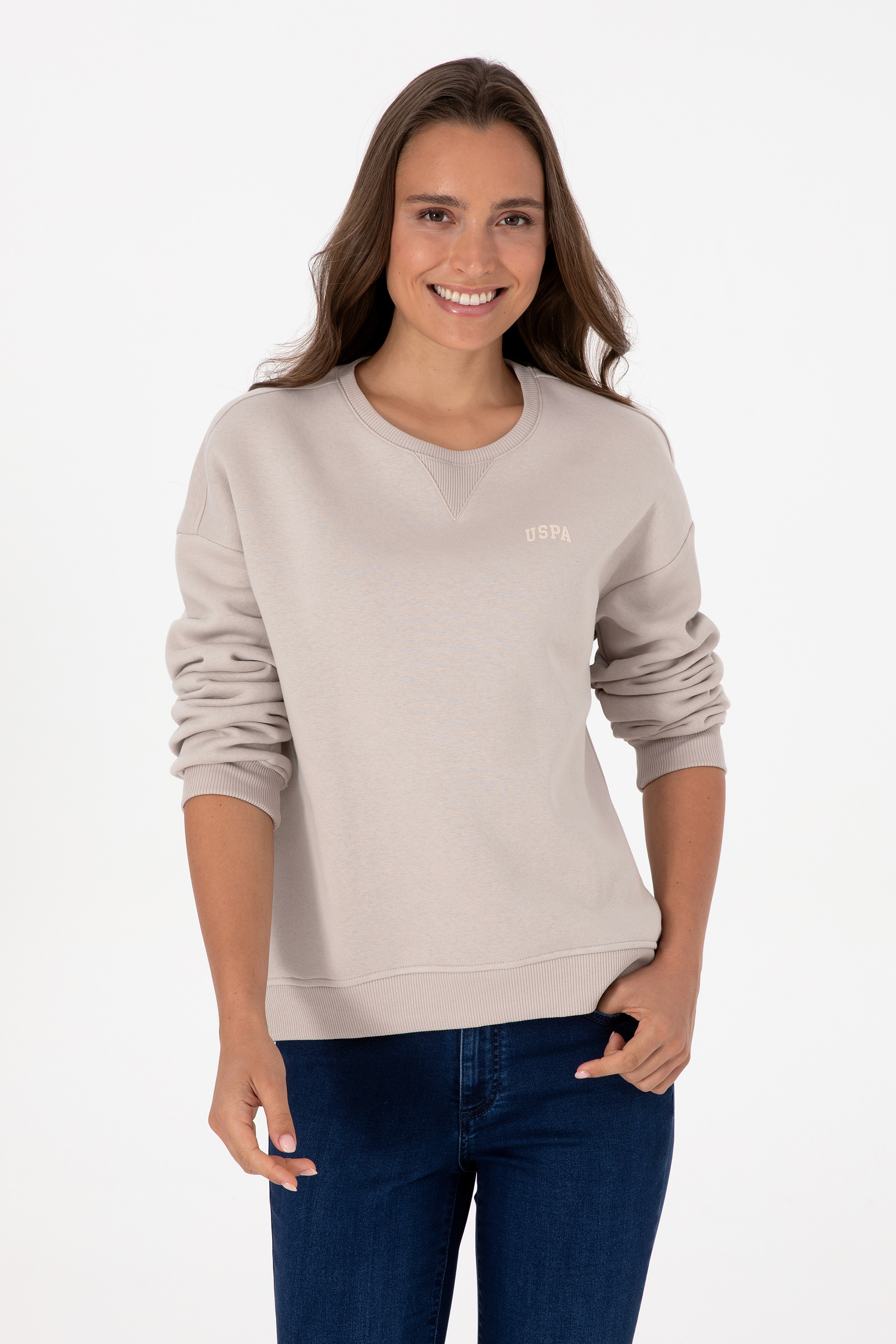 Kadın Taş Şardonlu Bisiklet Yaka Basic Sweatshırt - Image 1