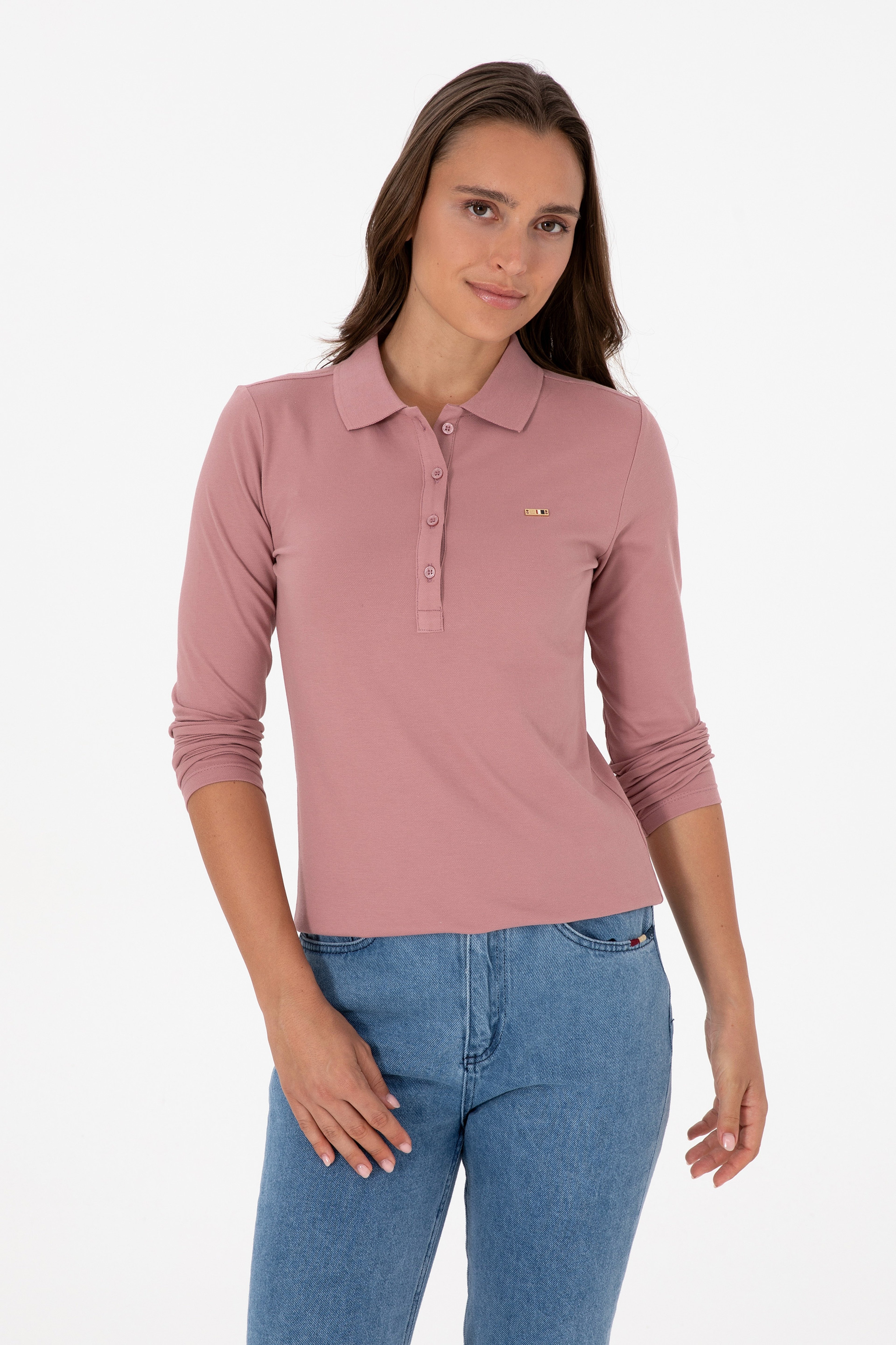 Kadın Gül Kurusu Basic Polo Yaka Sweatshırt - Image 1