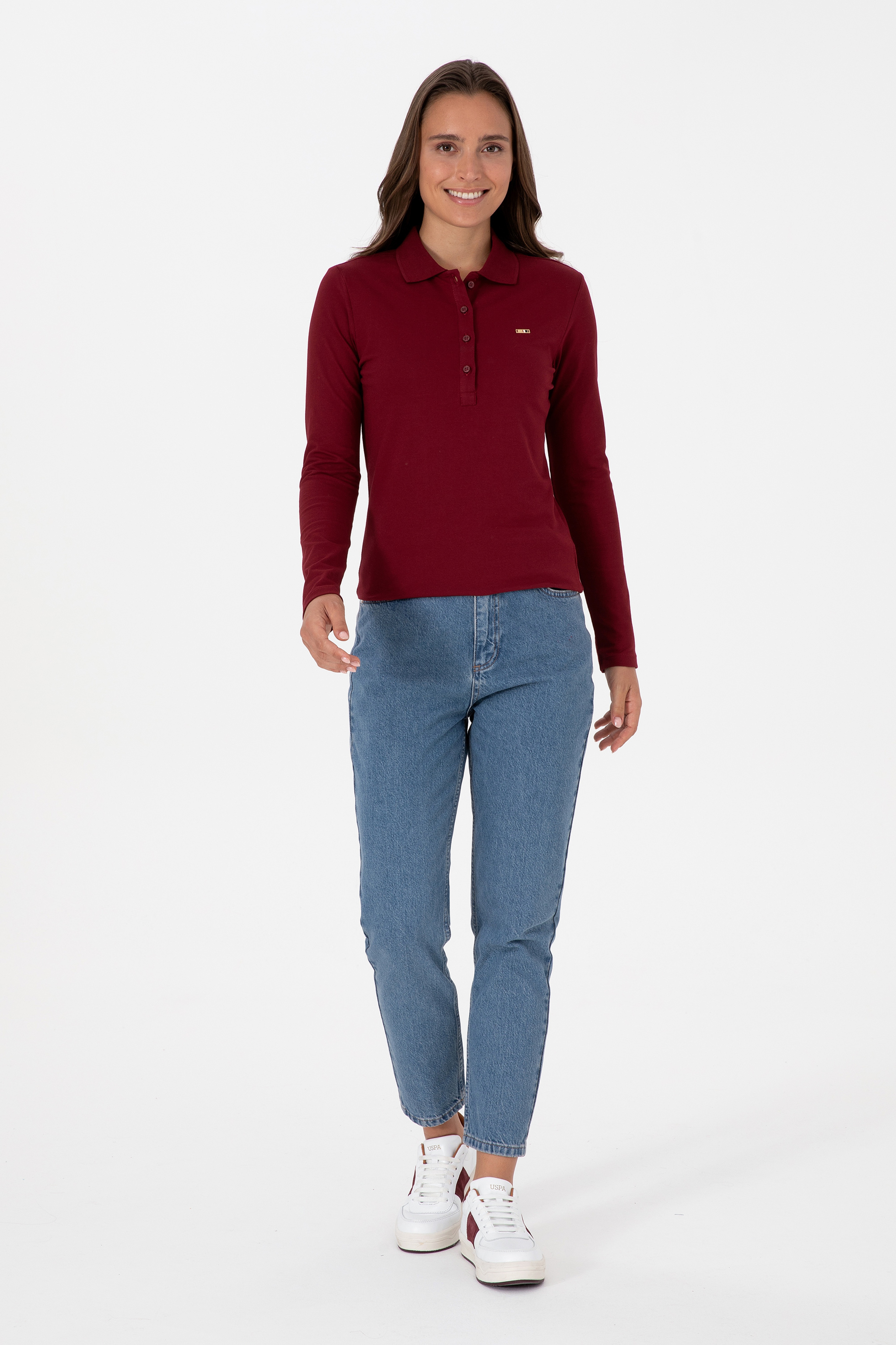Kadın Bordo Basic Polo Yaka Sweatshırt - Image 4