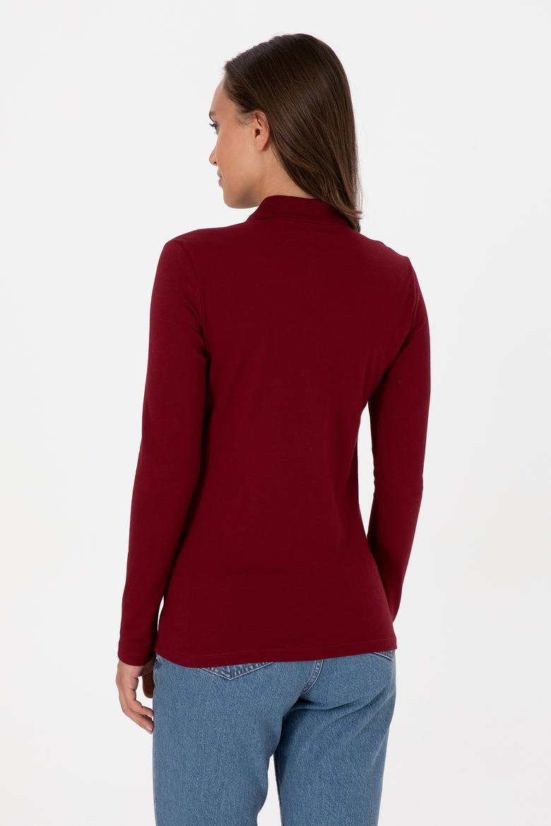 Kadın Bordo Basic Polo Yaka Sweatshırt - 50313593006