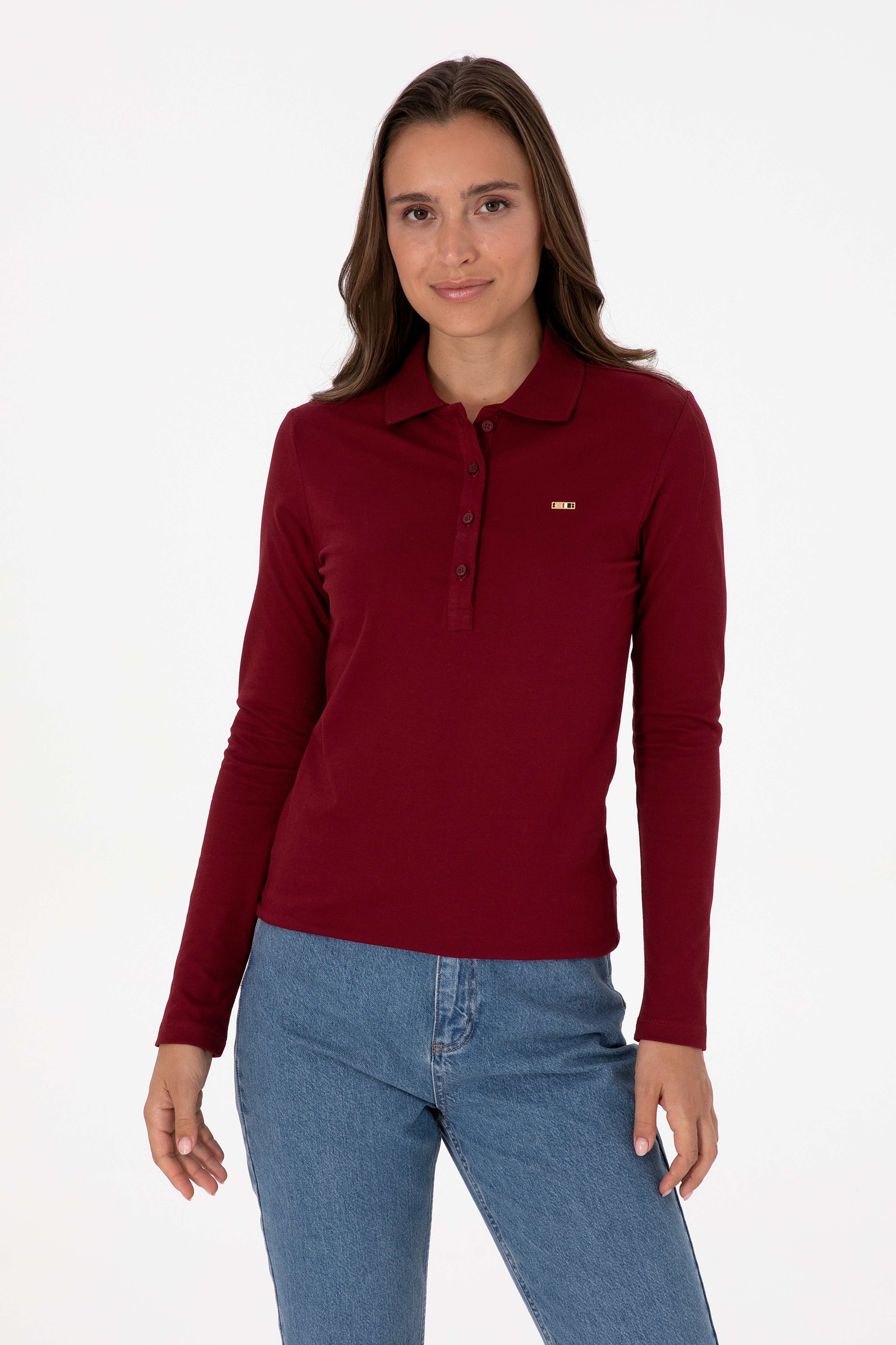 Kadın Bordo Basic Polo Yaka Sweatshırt - Image 3