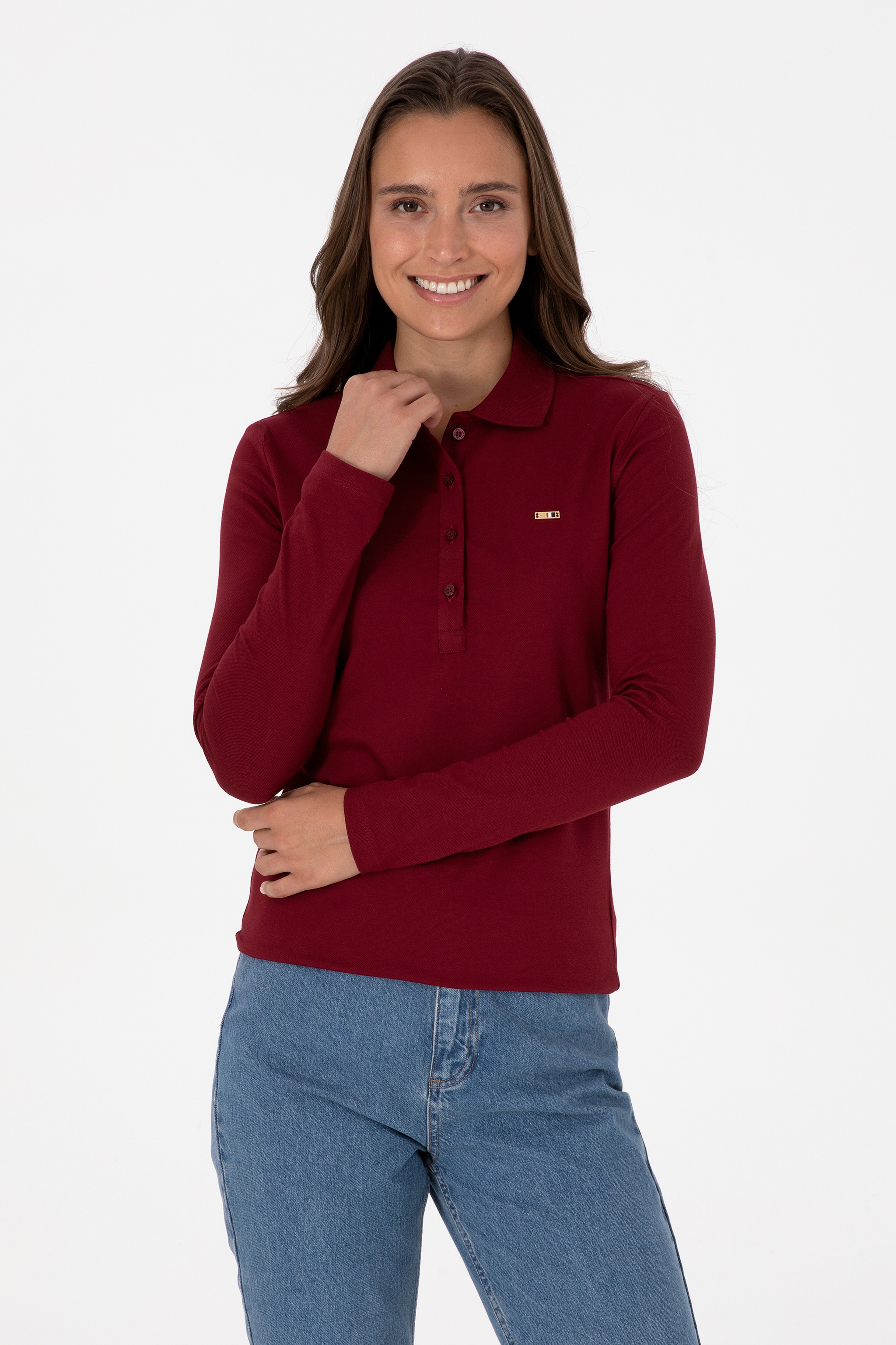 Kadın Bordo Basic Polo Yaka Sweatshırt - Image 1