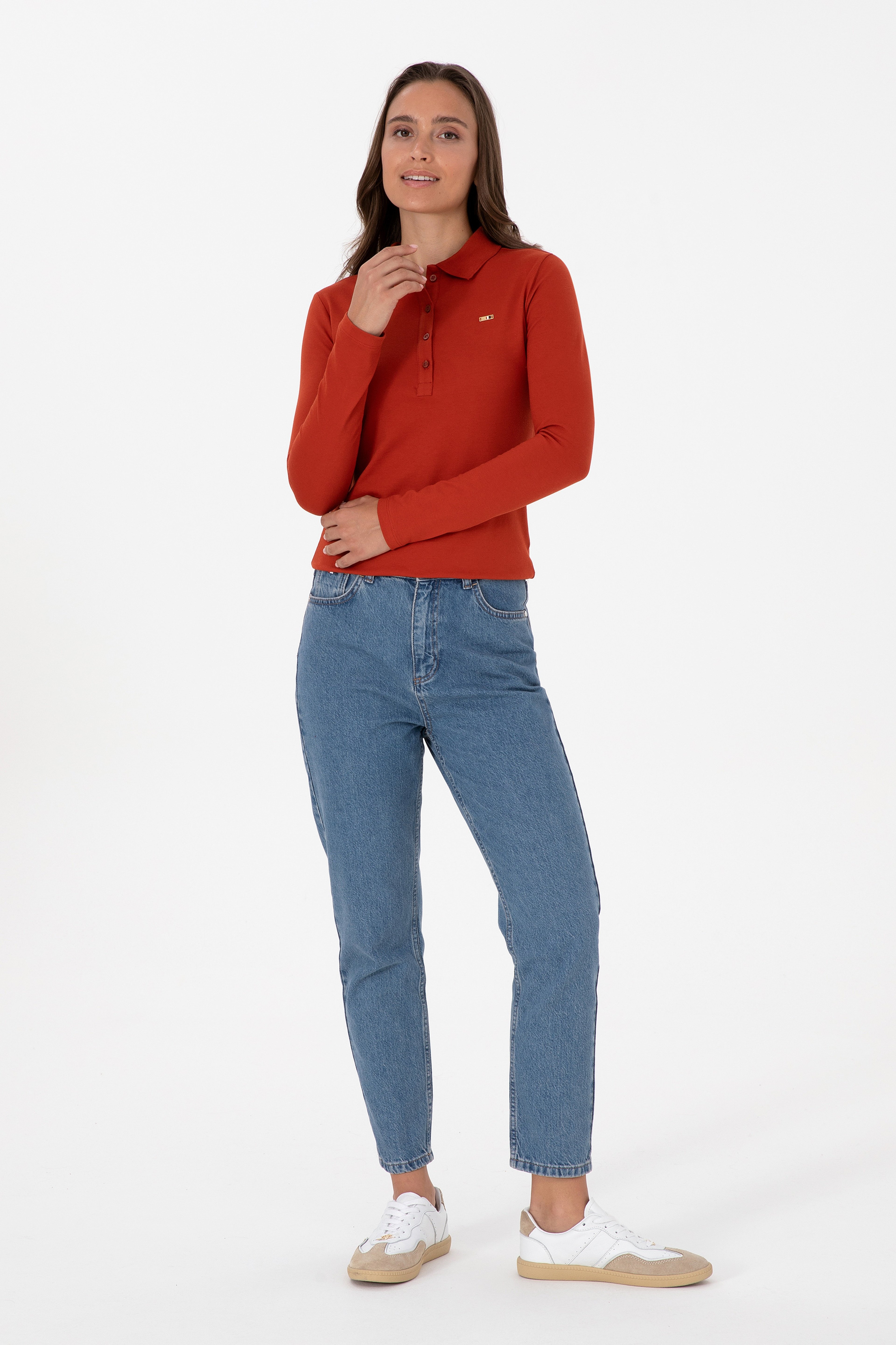 Kadın Kiremit Basic Polo Yaka Sweatshırt - Image 4