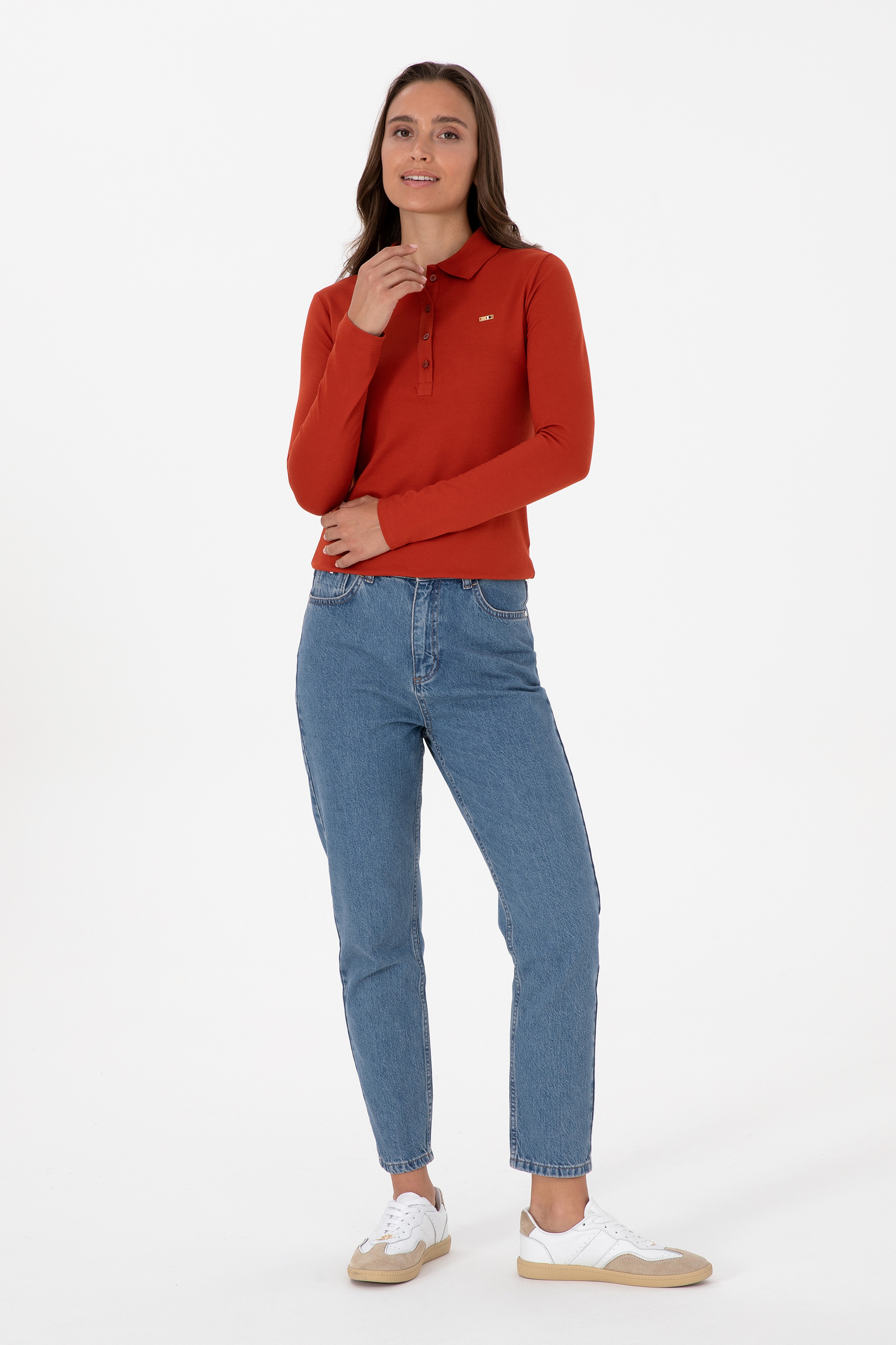 Kadın Kiremit Basic Polo Yaka Sweatshırt