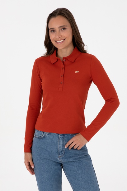 Kadın Kiremit Basic Polo Yaka Sweatshırt
