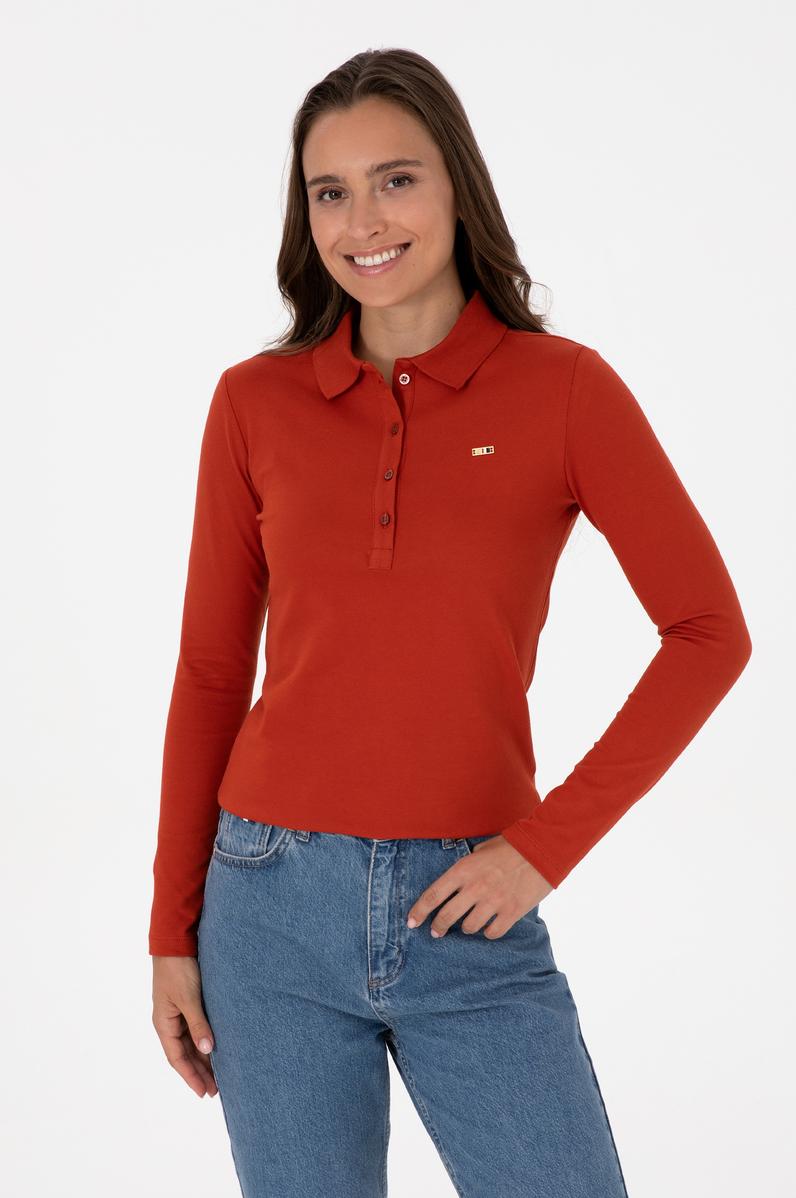 Kadın Kiremit Basic Polo Yaka Sweatshırt