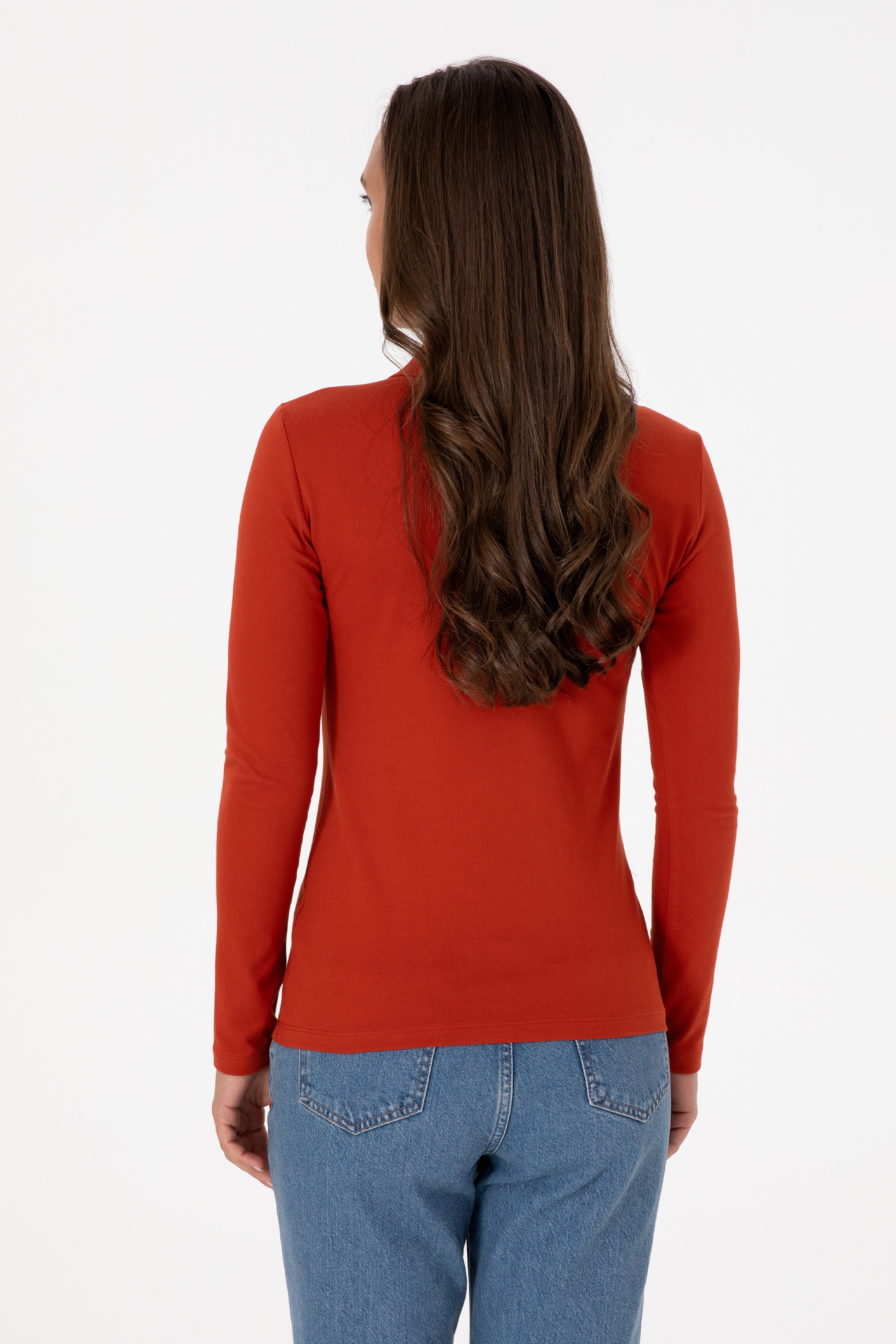 Kadın Kiremit Basic Polo Yaka Sweatshırt - Image 5
