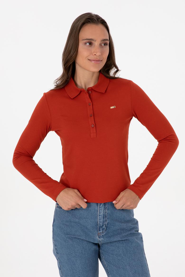 Kadın Kiremit Basic Polo Yaka Sweatshırt - 50313593054