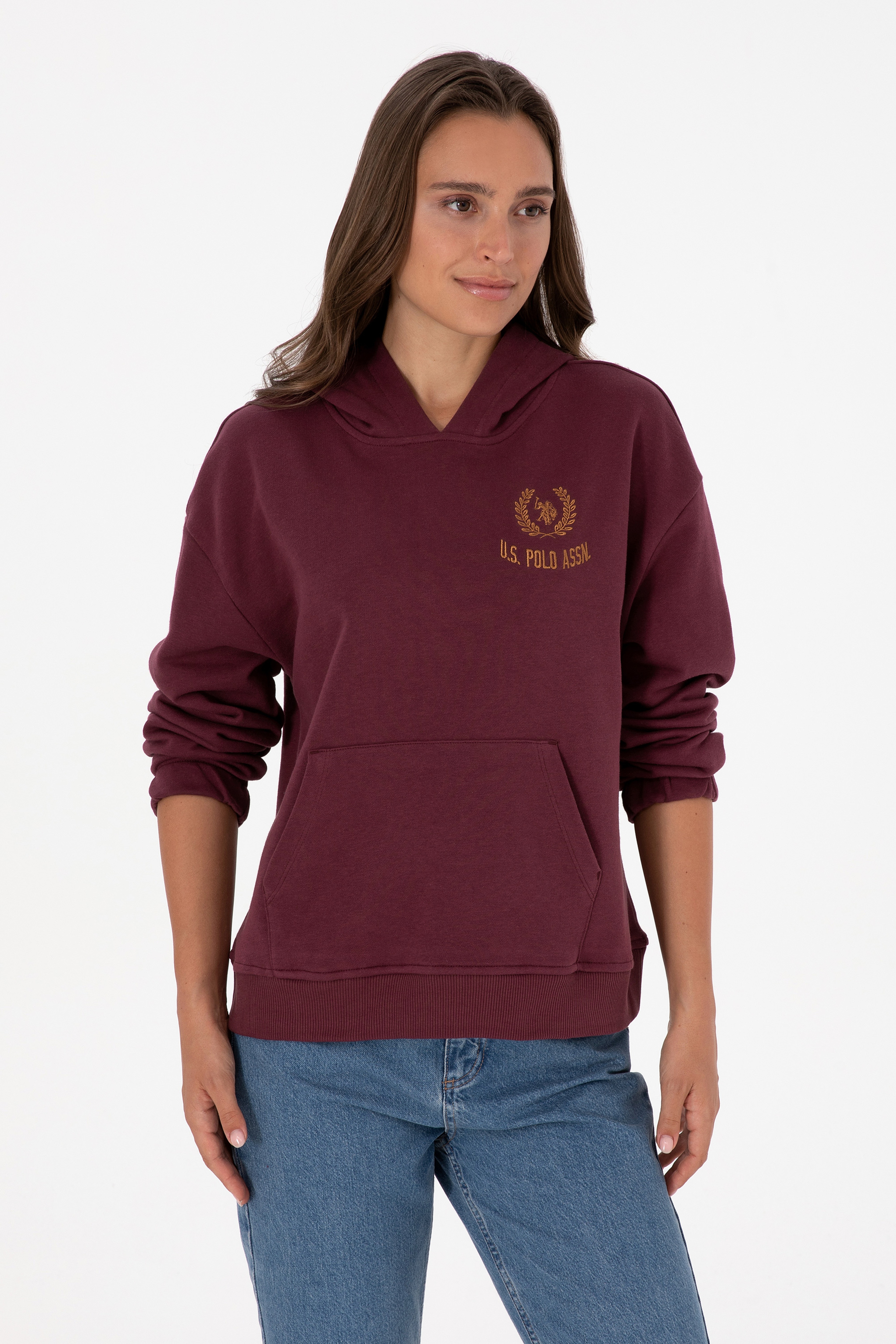 Kadın Bordo Kapüşonlu Sweatshirt - Image 3