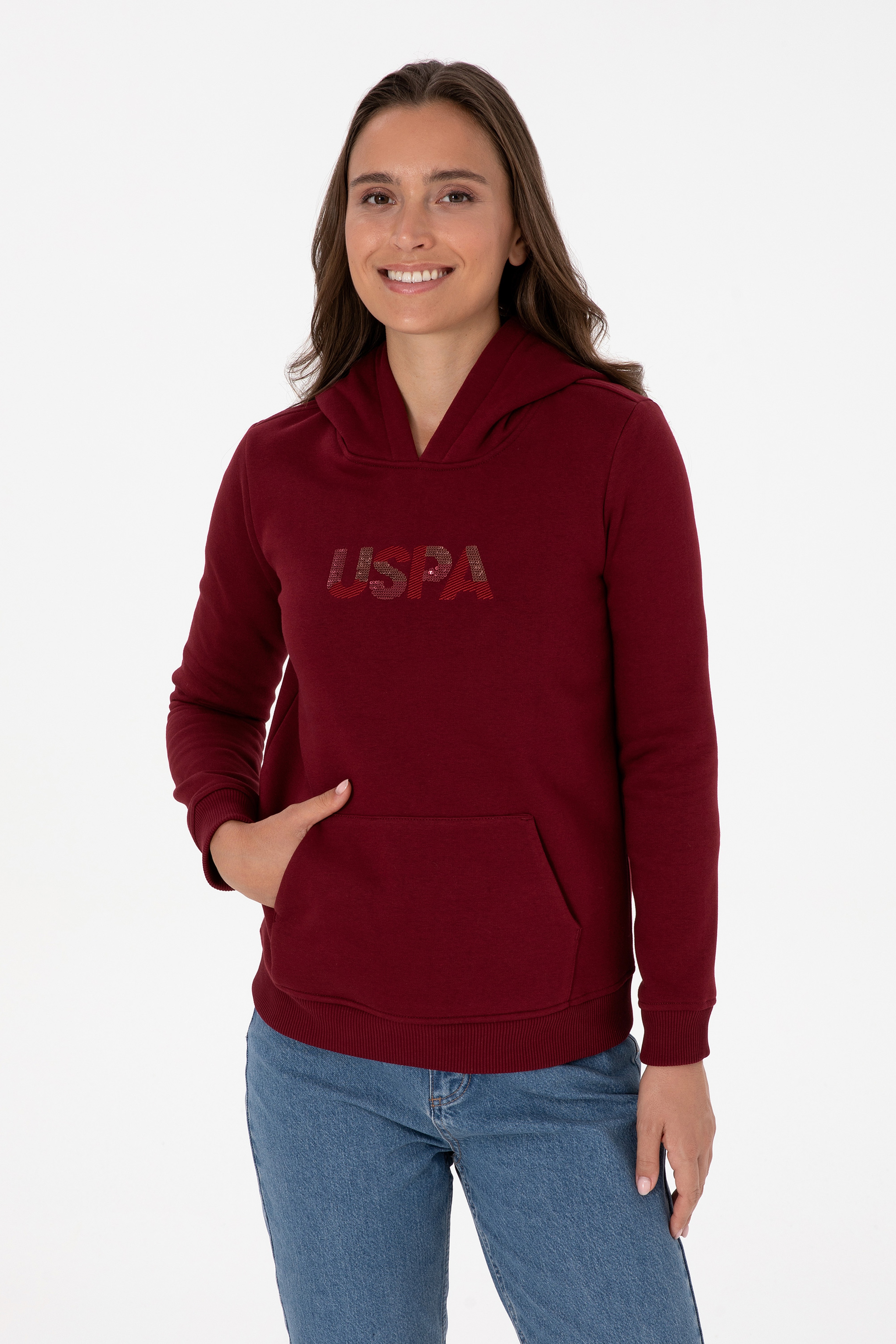 Kadın Bordo Kapüşonlu Basic Sweatshirt - Image 1