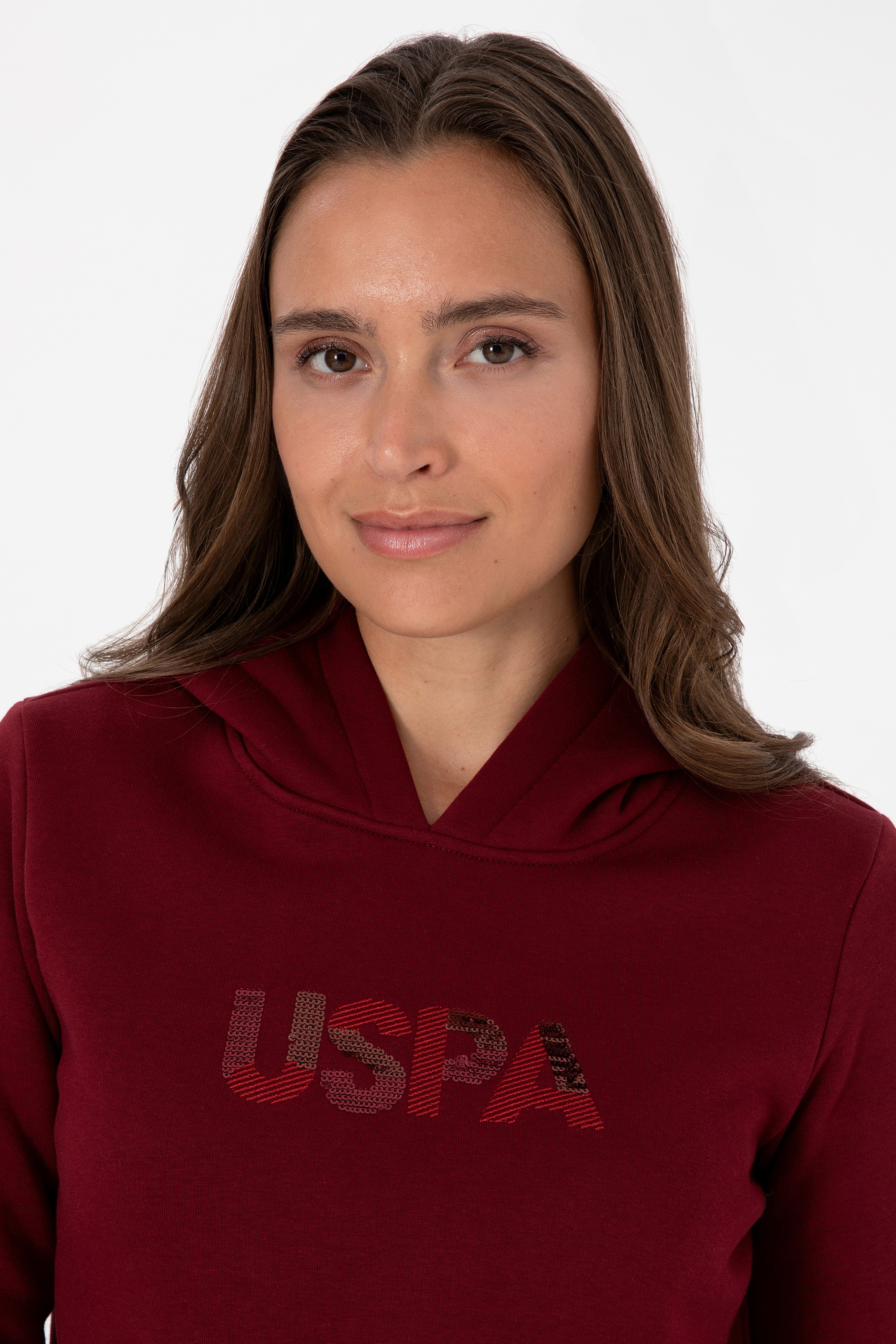 Kadın Bordo Kapüşonlu Basic Sweatshirt - Image 2