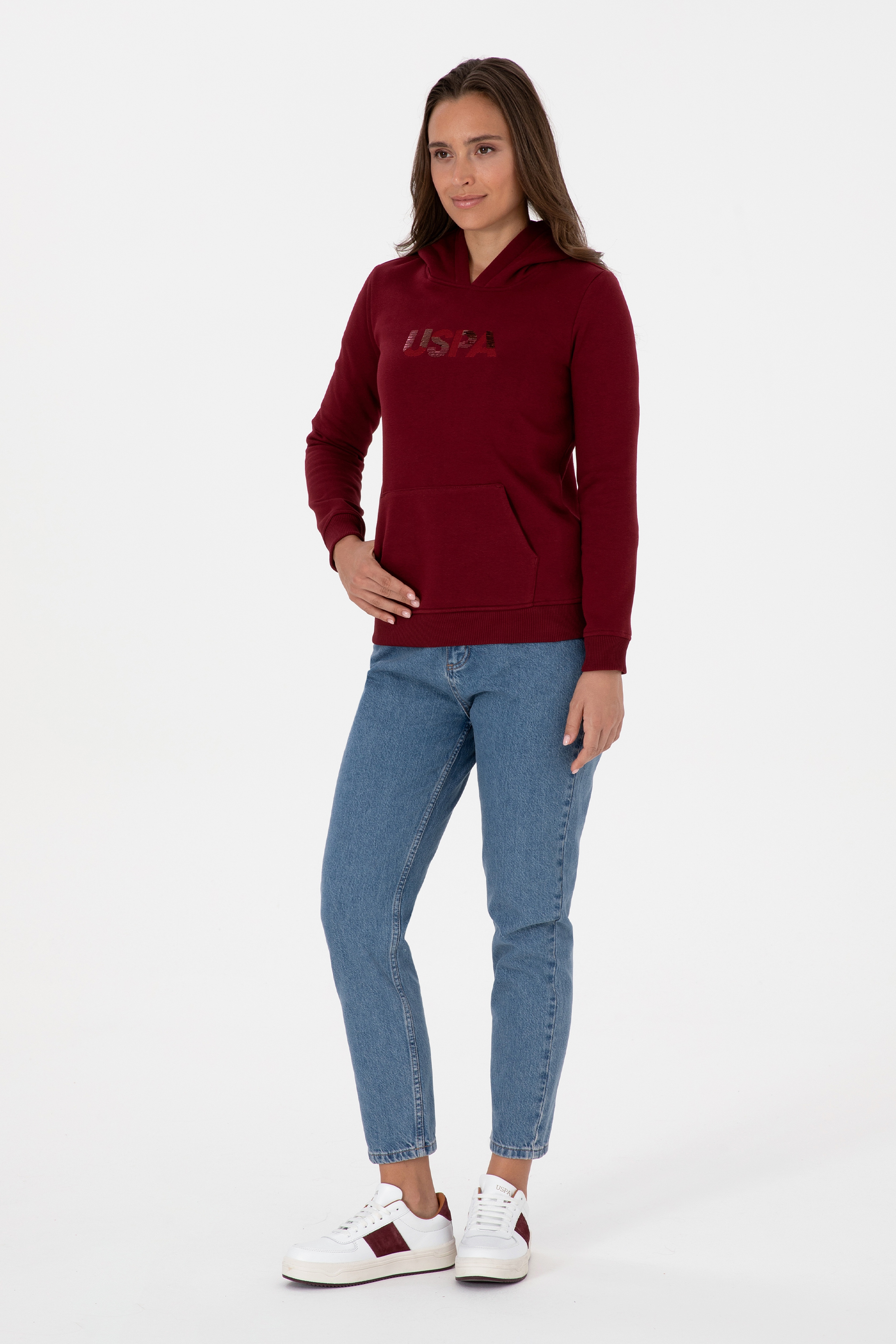Kadın Bordo Kapüşonlu Basic Sweatshirt
