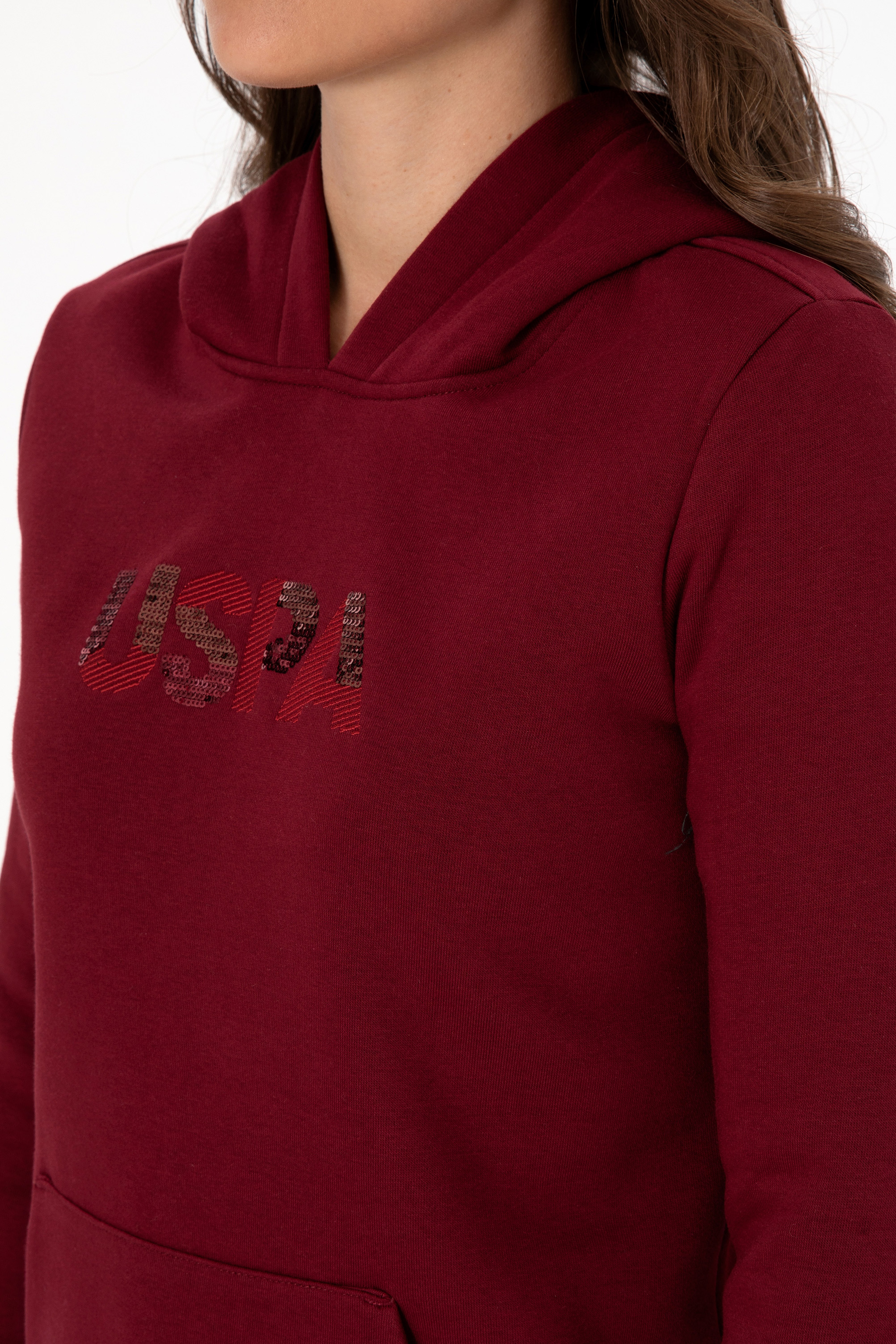 Kadın Bordo Kapüşonlu Basic Sweatshirt - Image 7