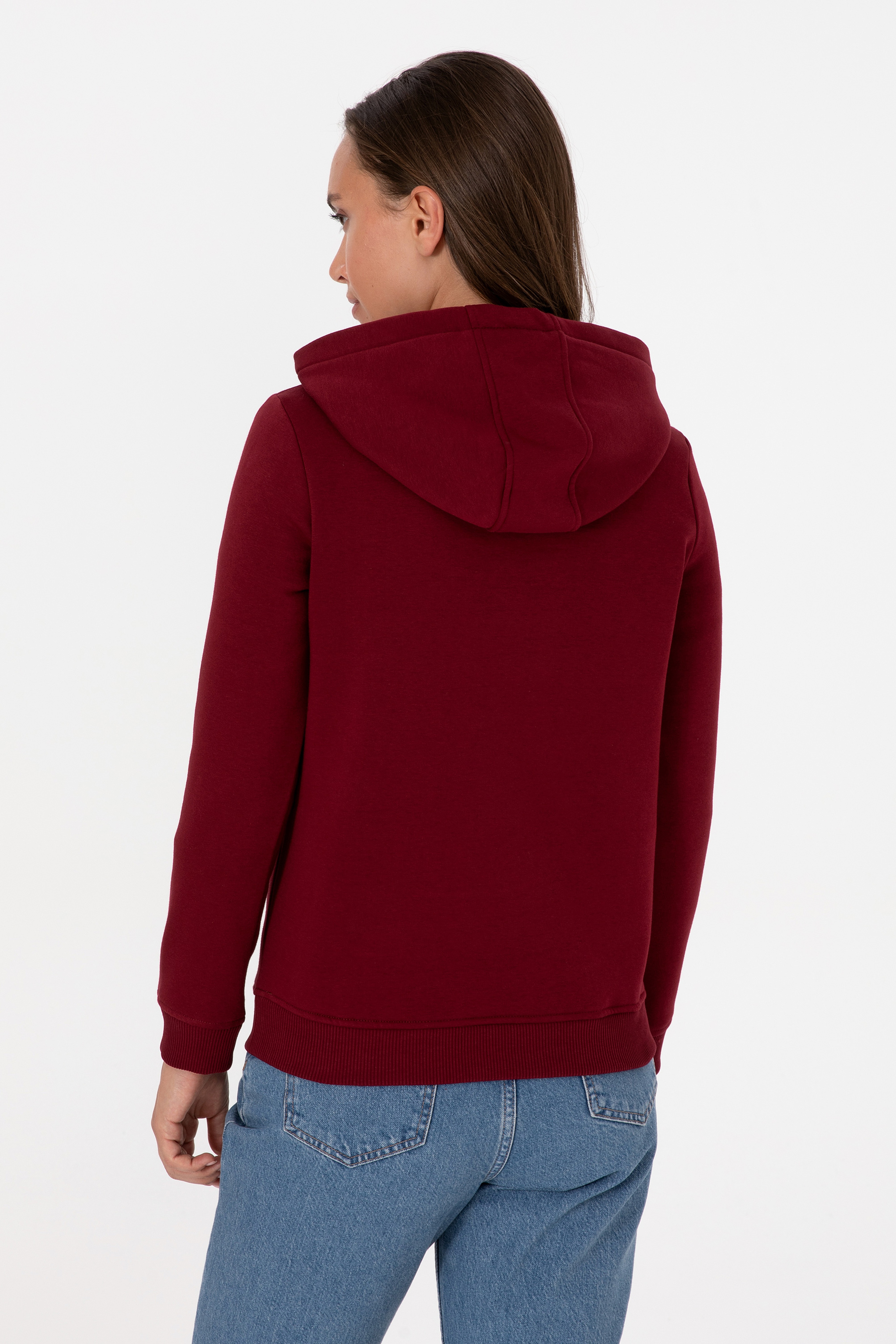 Kadın Bordo Kapüşonlu Basic Sweatshirt