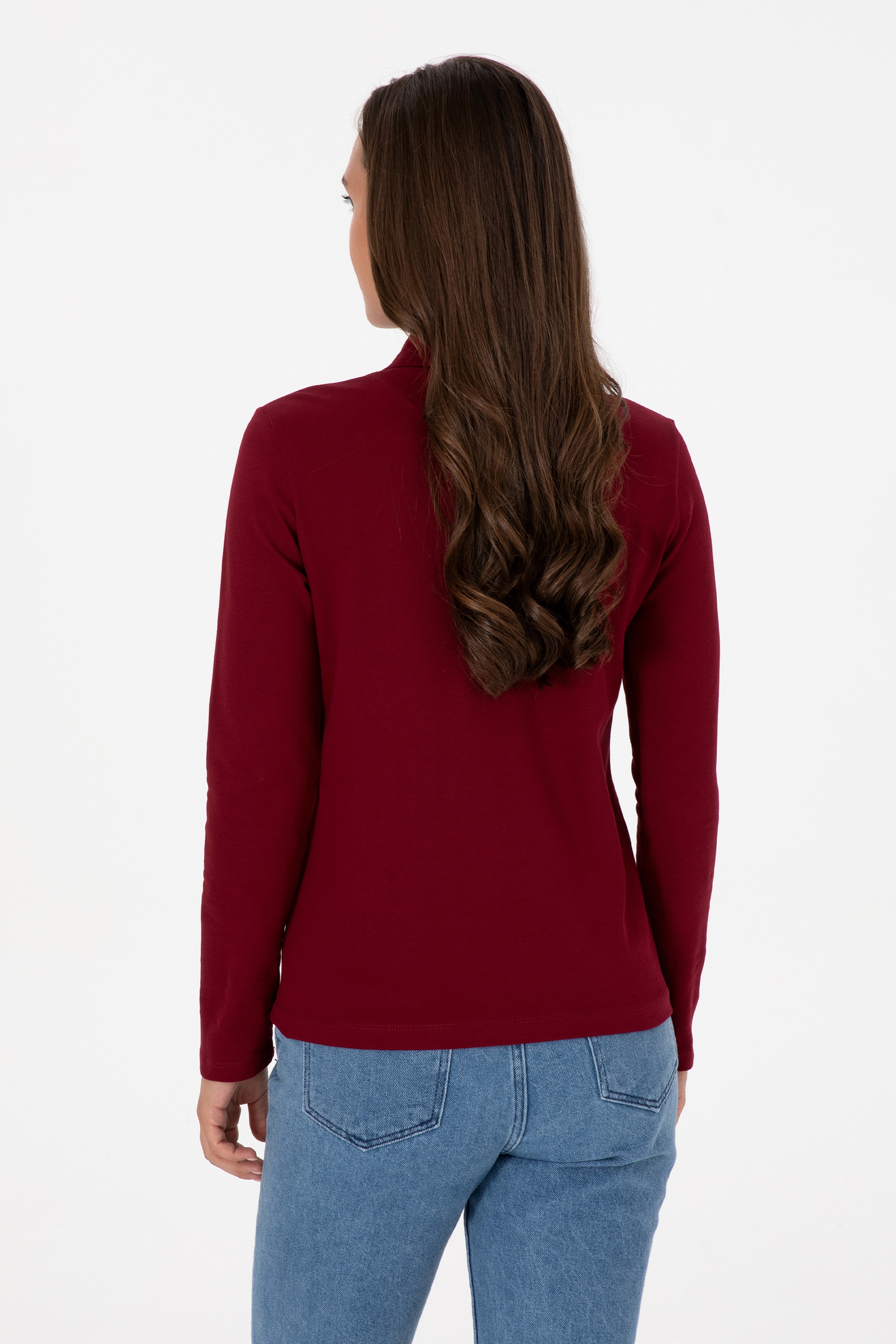Kadın Bordo Basic Polo Yaka Sweatshırt