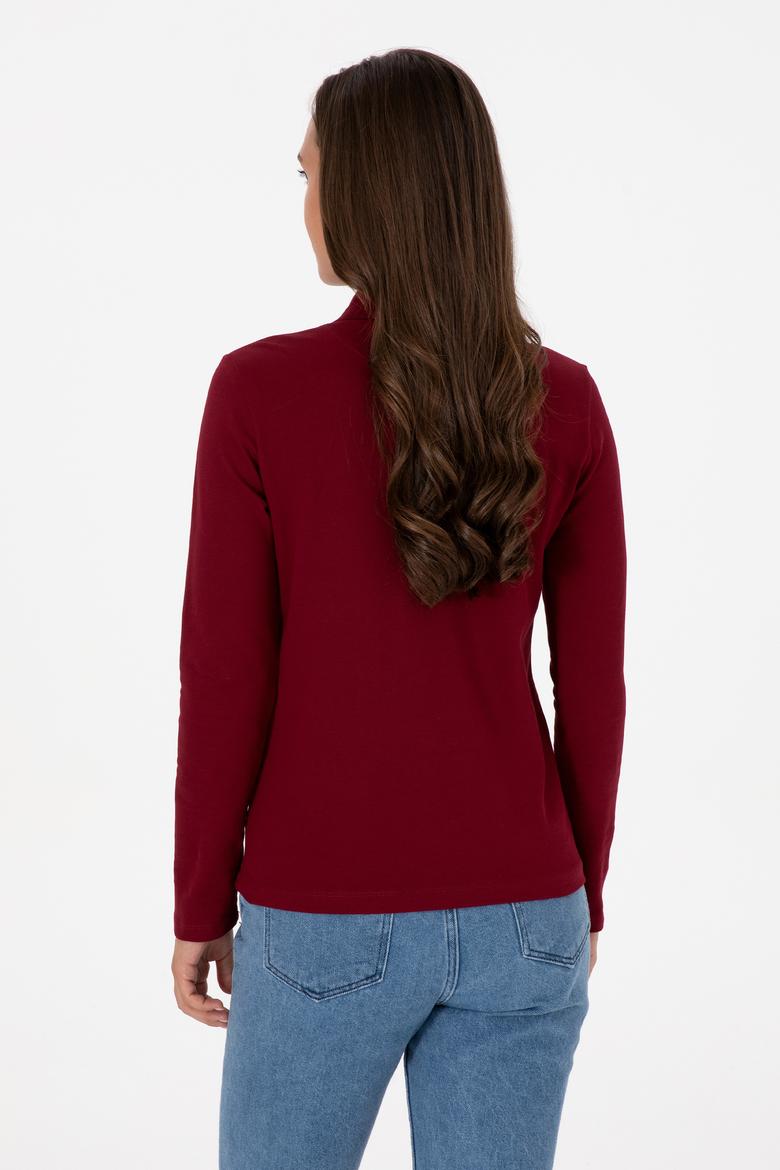 Kadın Bordo Basic Polo Yaka Sweatshırt - 50307755005
