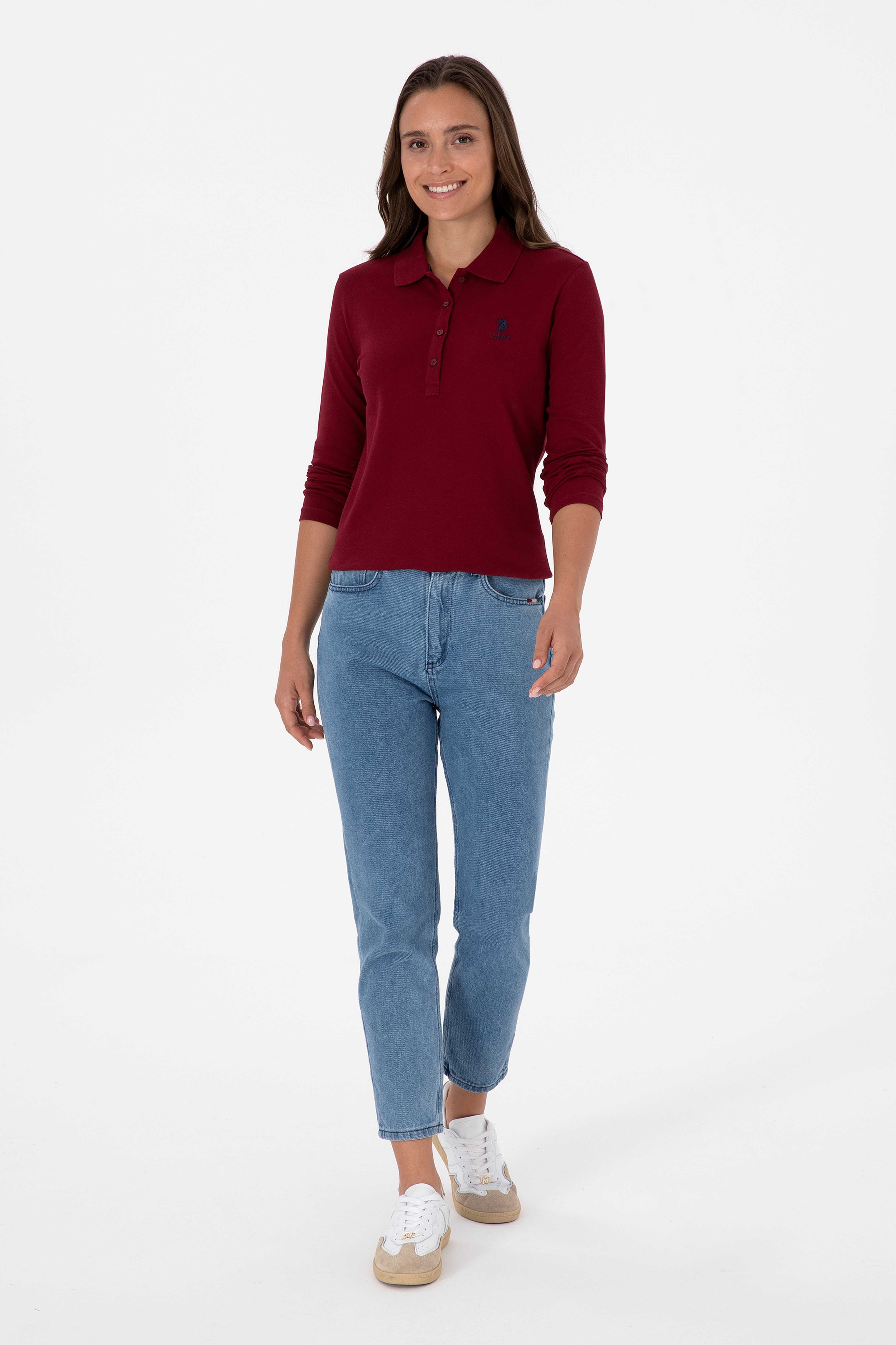 Kadın Bordo Basic Polo Yaka Sweatshırt