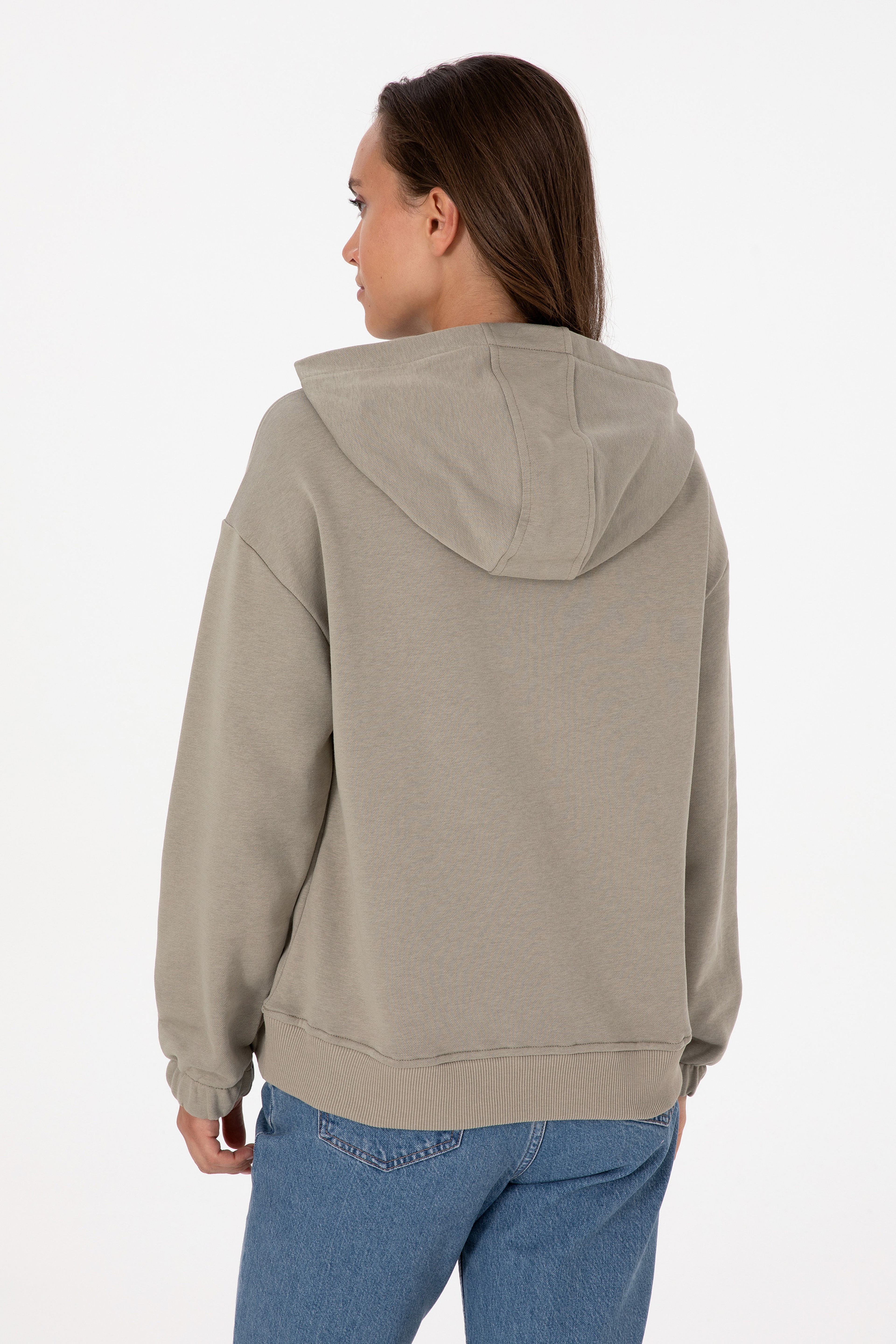 Kadın Açık Haki Kapüşonlu Sweatshirt - Image 5