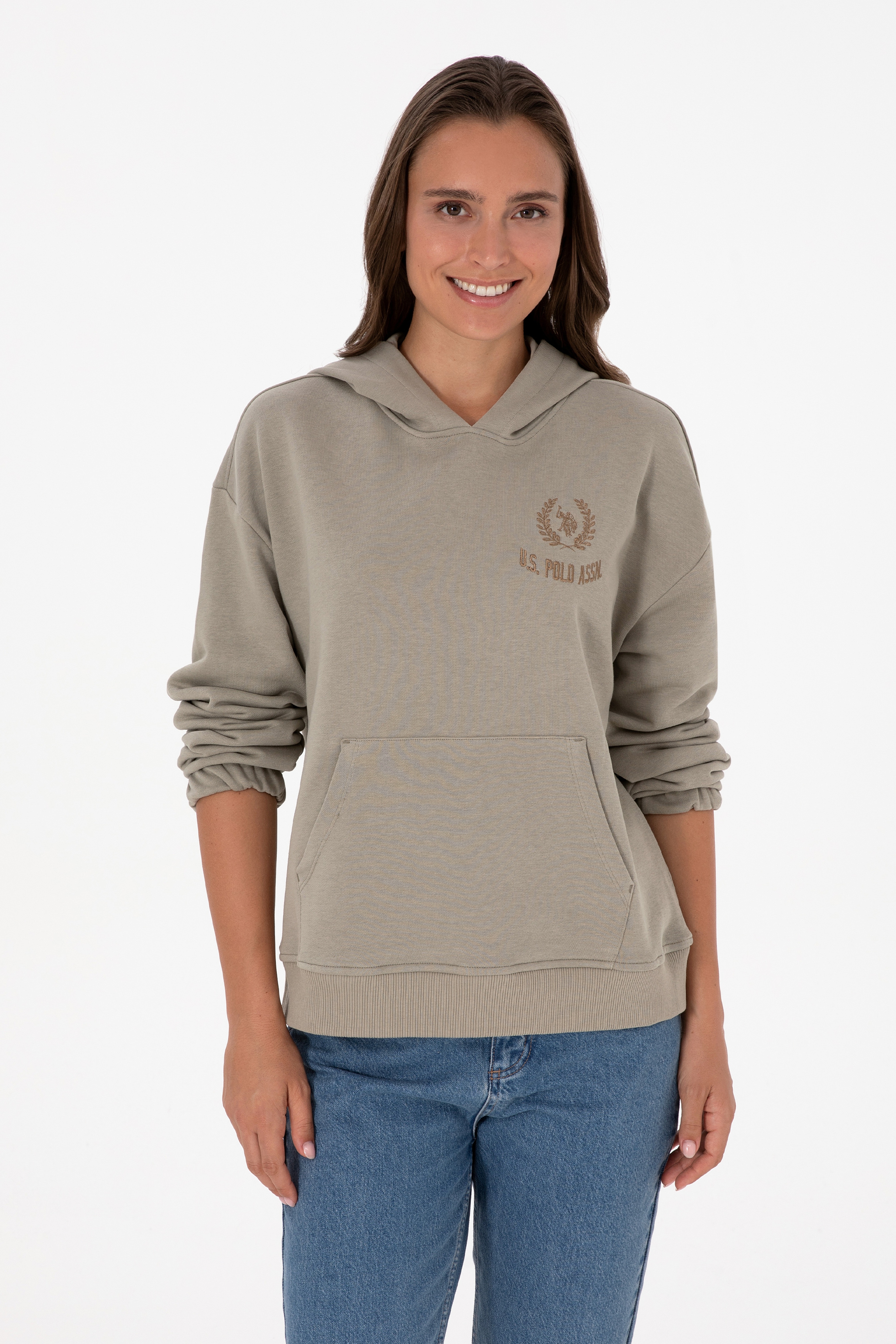 Kadın Açık Haki Kapüşonlu Sweatshirt