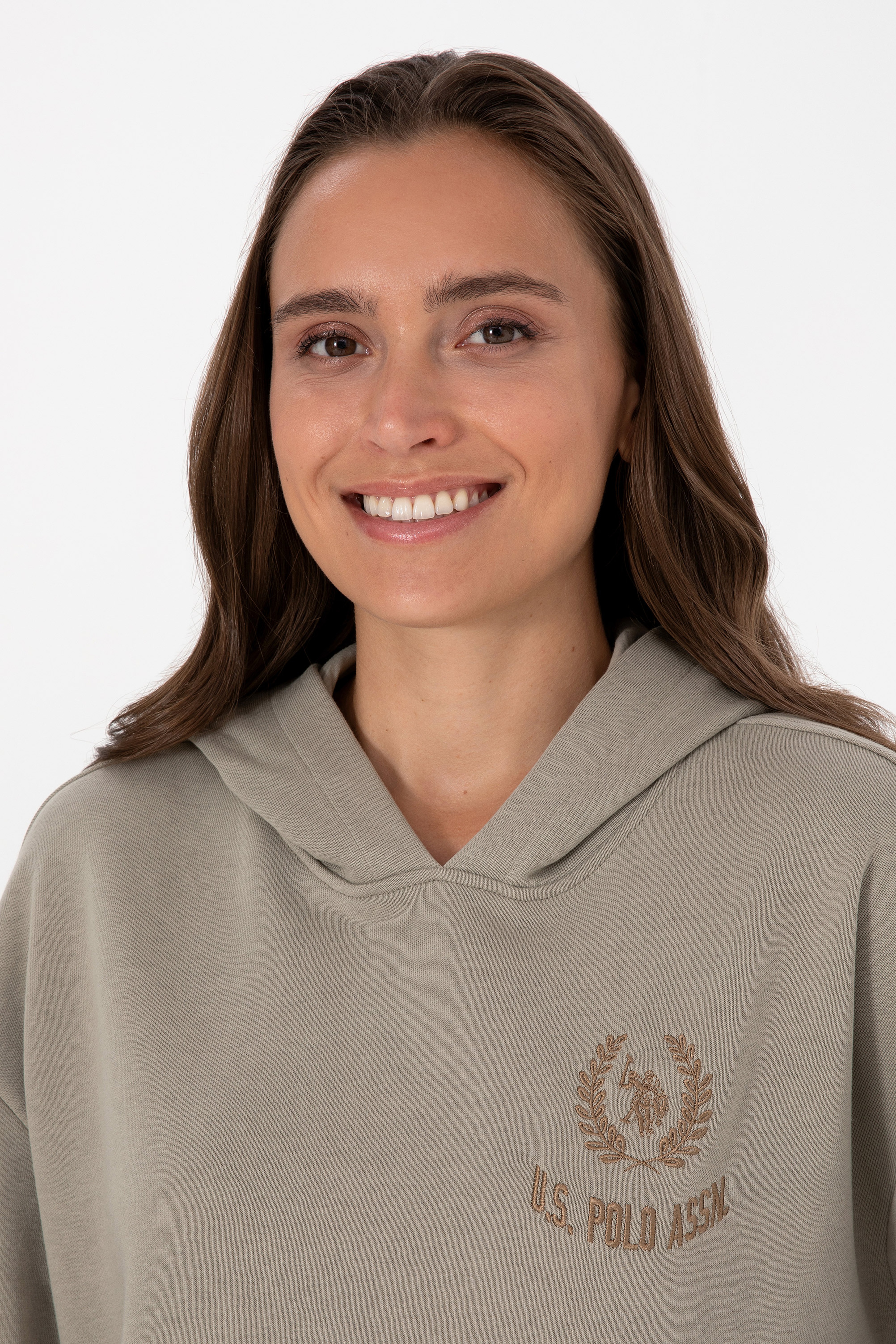 Kadın Açık Haki Kapüşonlu Sweatshirt - Image 2