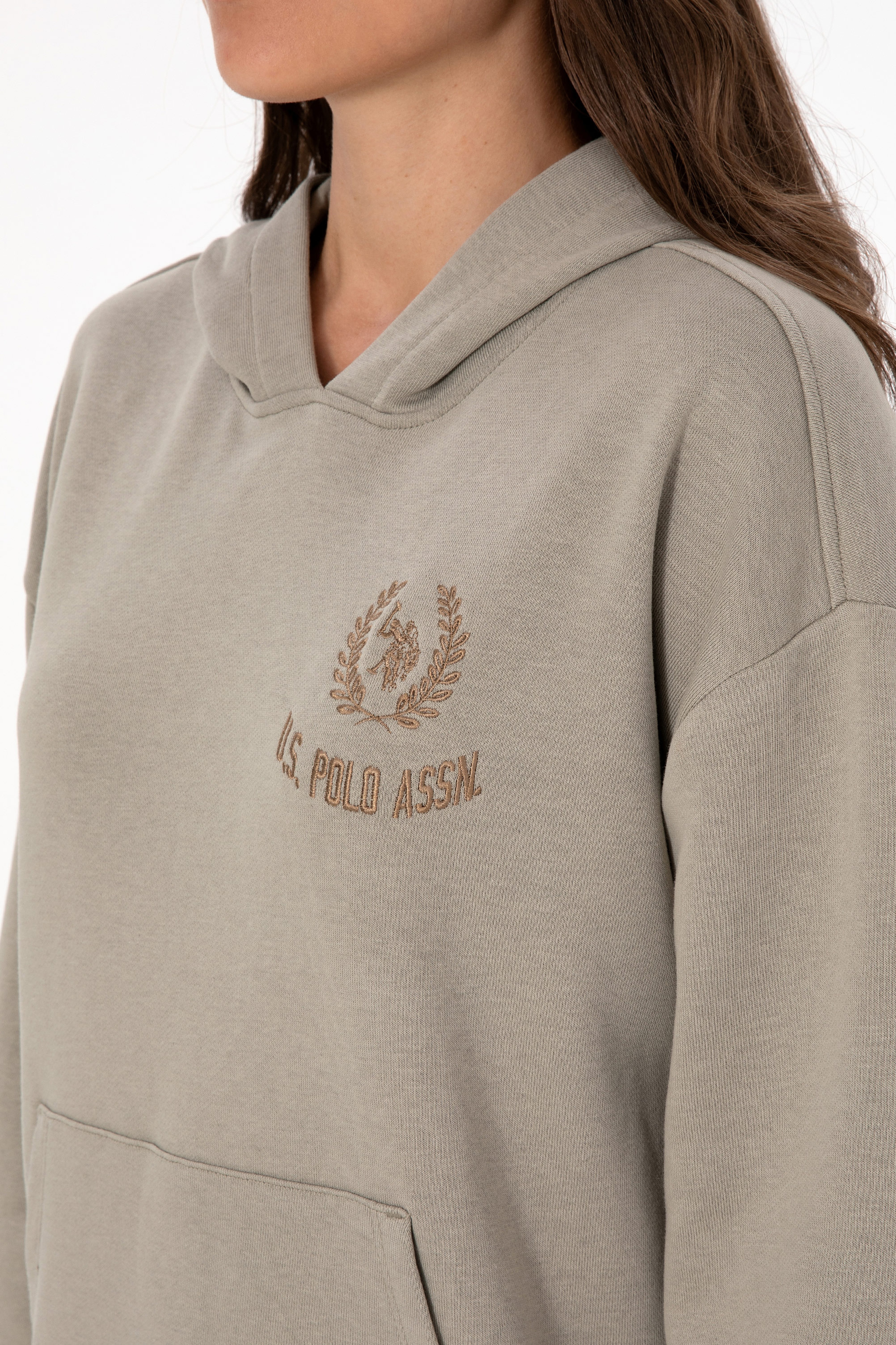 Kadın Açık Haki Kapüşonlu Sweatshirt - Image 7