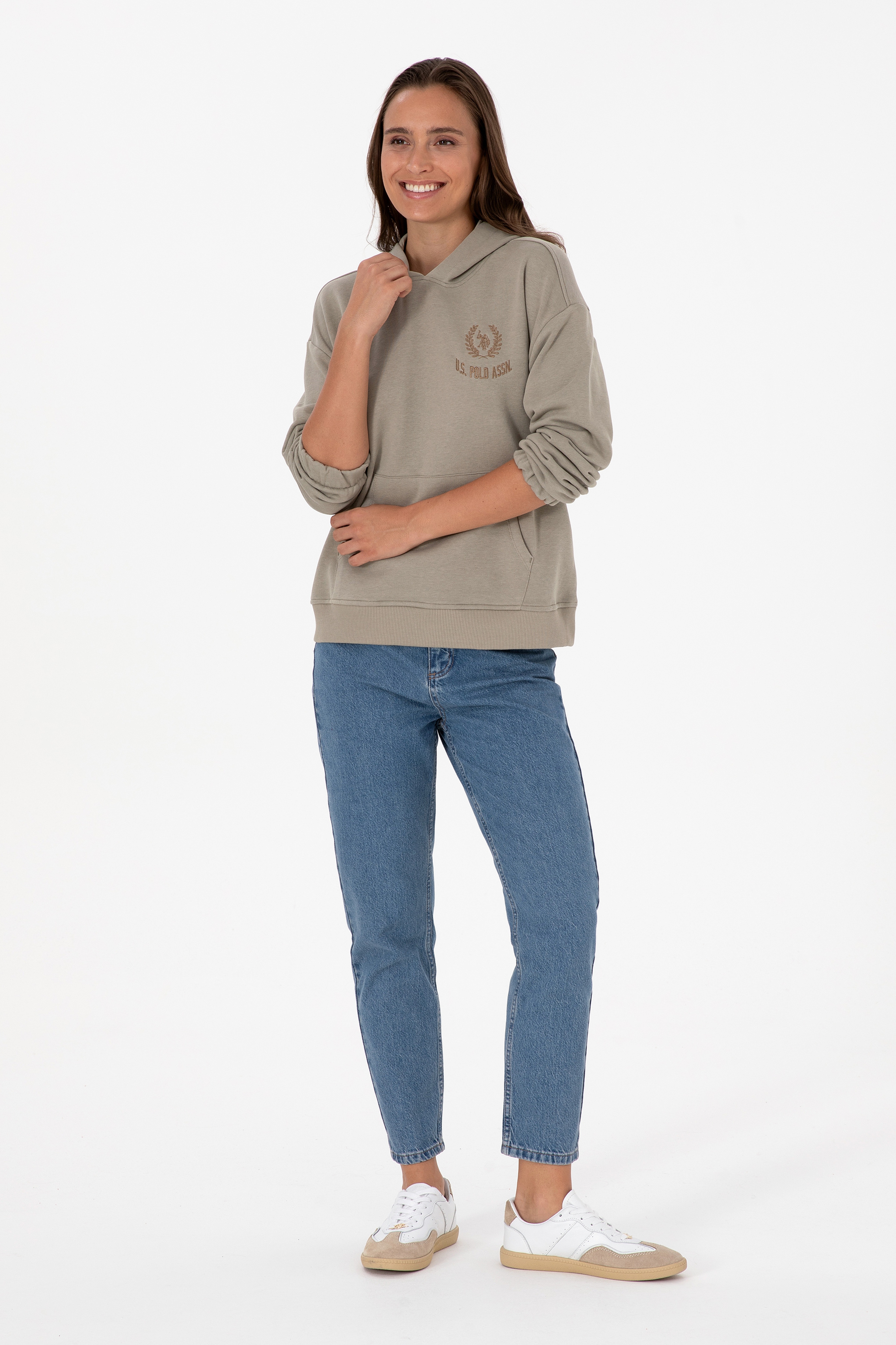Kadın Açık Haki Kapüşonlu Sweatshirt