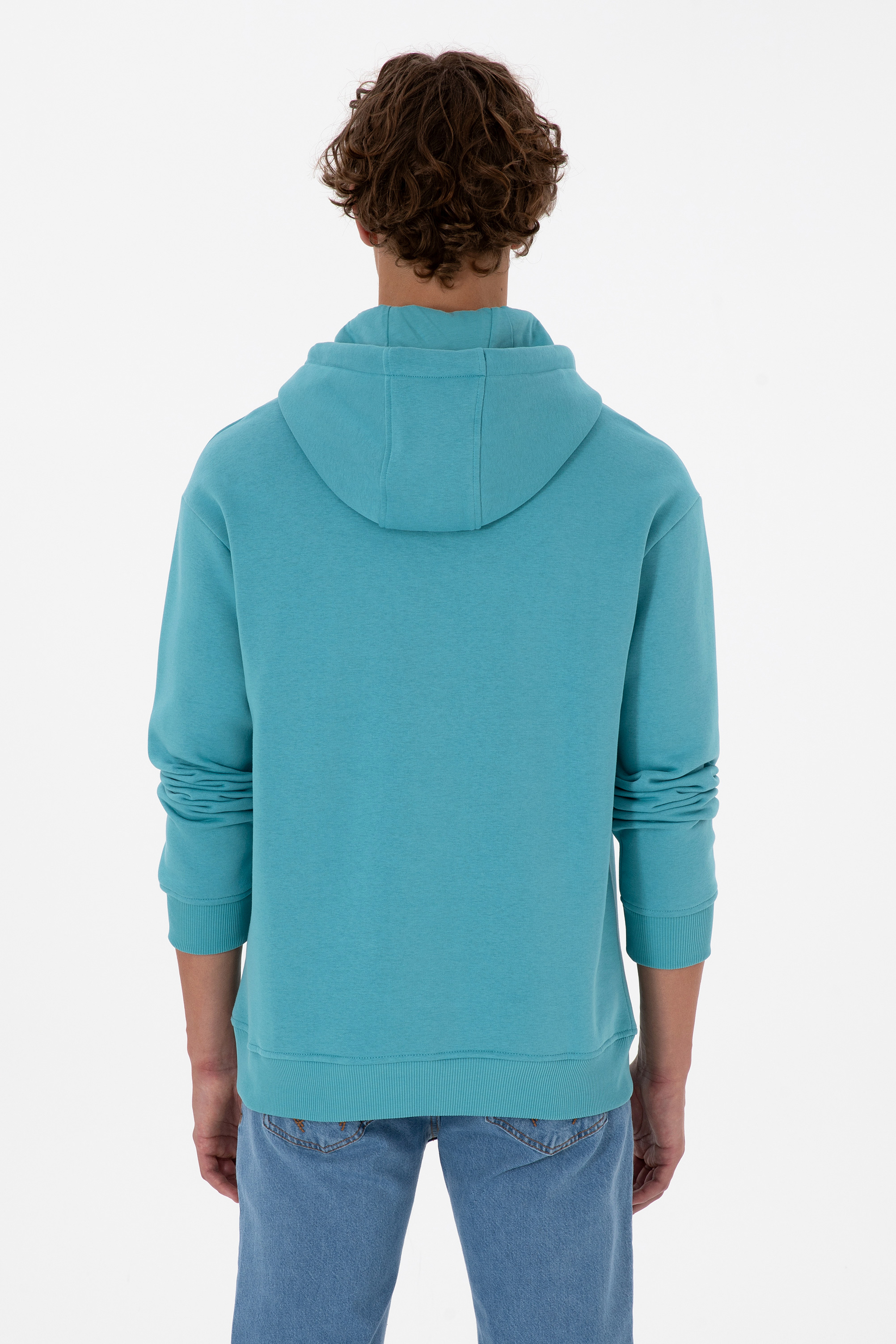 Erkek Oversize Fit Kapüşonlu Şardonlu Mint Basic Sweatshirt