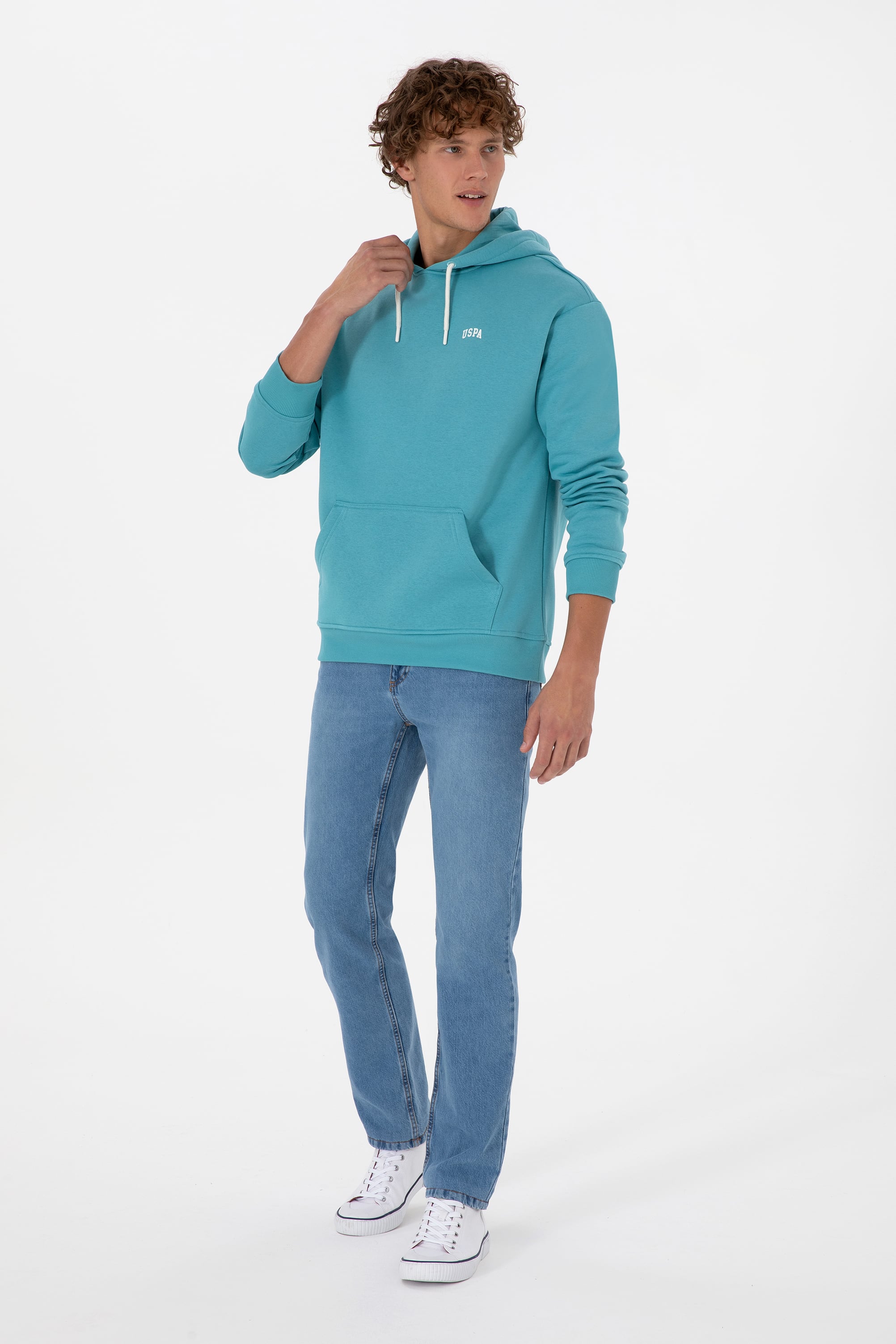 Erkek Oversize Fit Kapüşonlu Şardonlu Mint Basic Sweatshirt