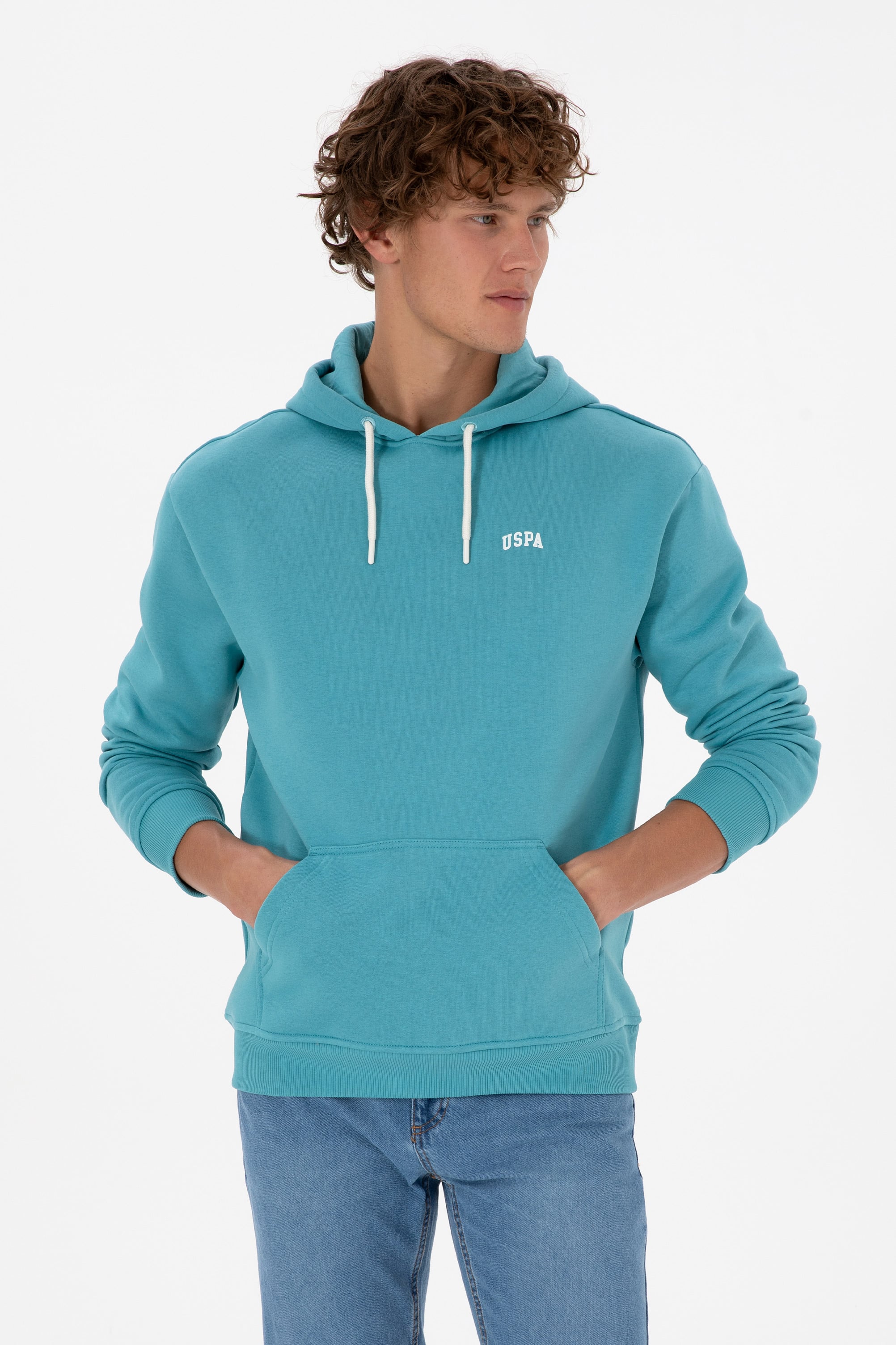 Erkek Oversize Fit Kapüşonlu Şardonlu Mint Basic Sweatshirt - Image 3