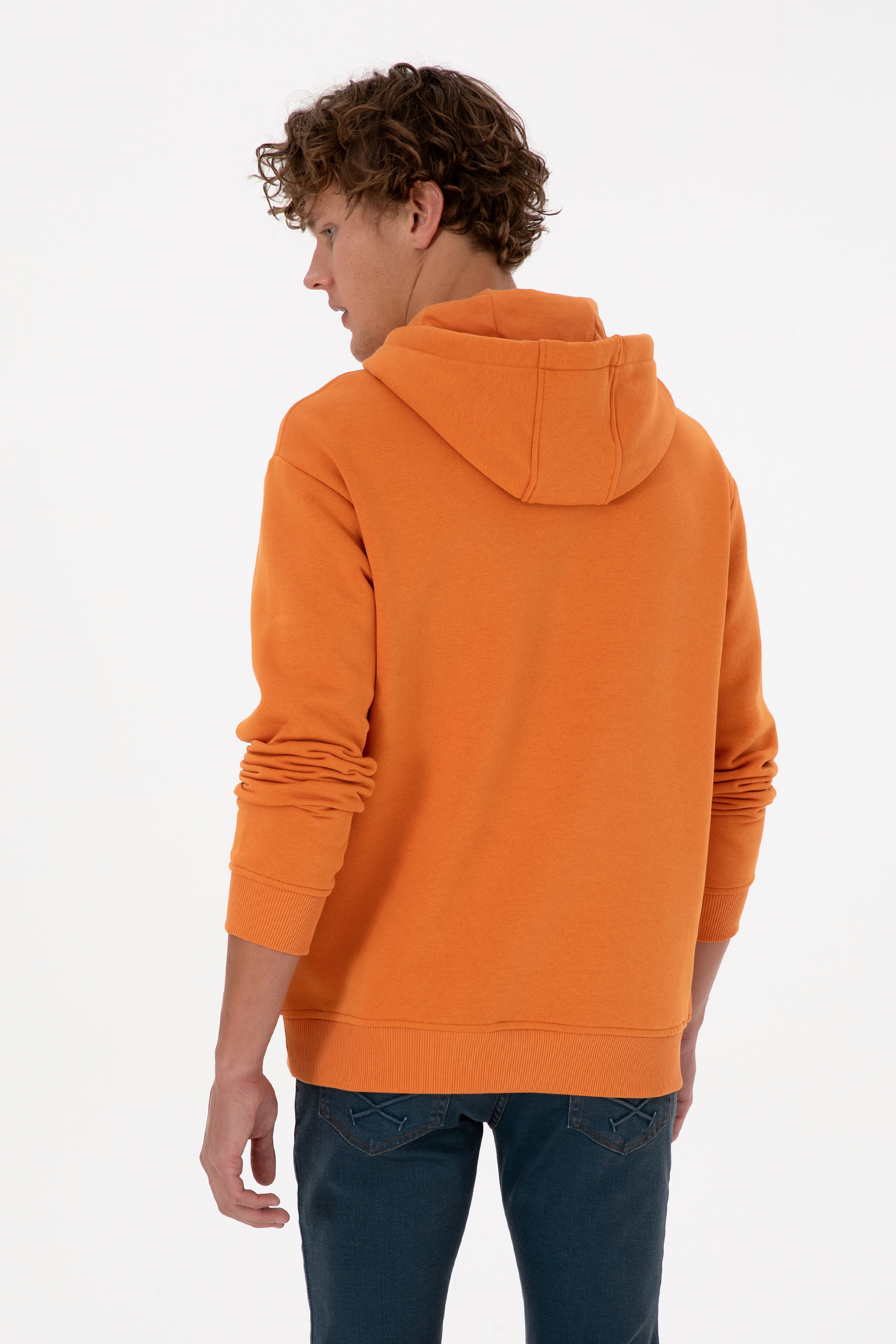 Erkek Oversize Fit Kapüşonlu Şardonlu Bakır Basic Sweatshirt