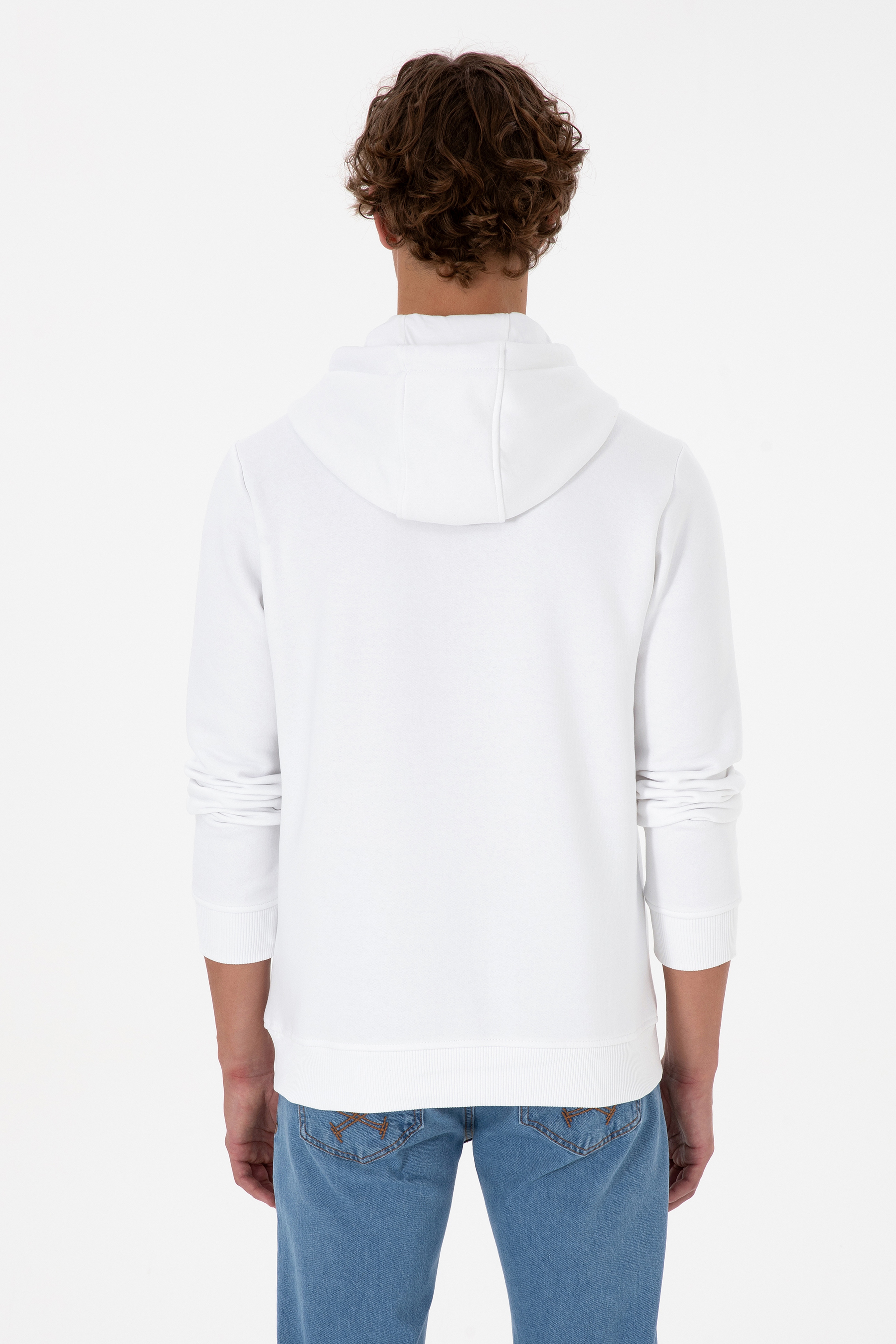 Erkek Regular Fit Kapüşonlu Şardonlu Beyaz Basic Sweatshirt - Image 5