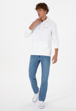 Erkek Regular Fit Kapüşonlu Şardonlu Beyaz Basic Sweatshirt - 50315582226