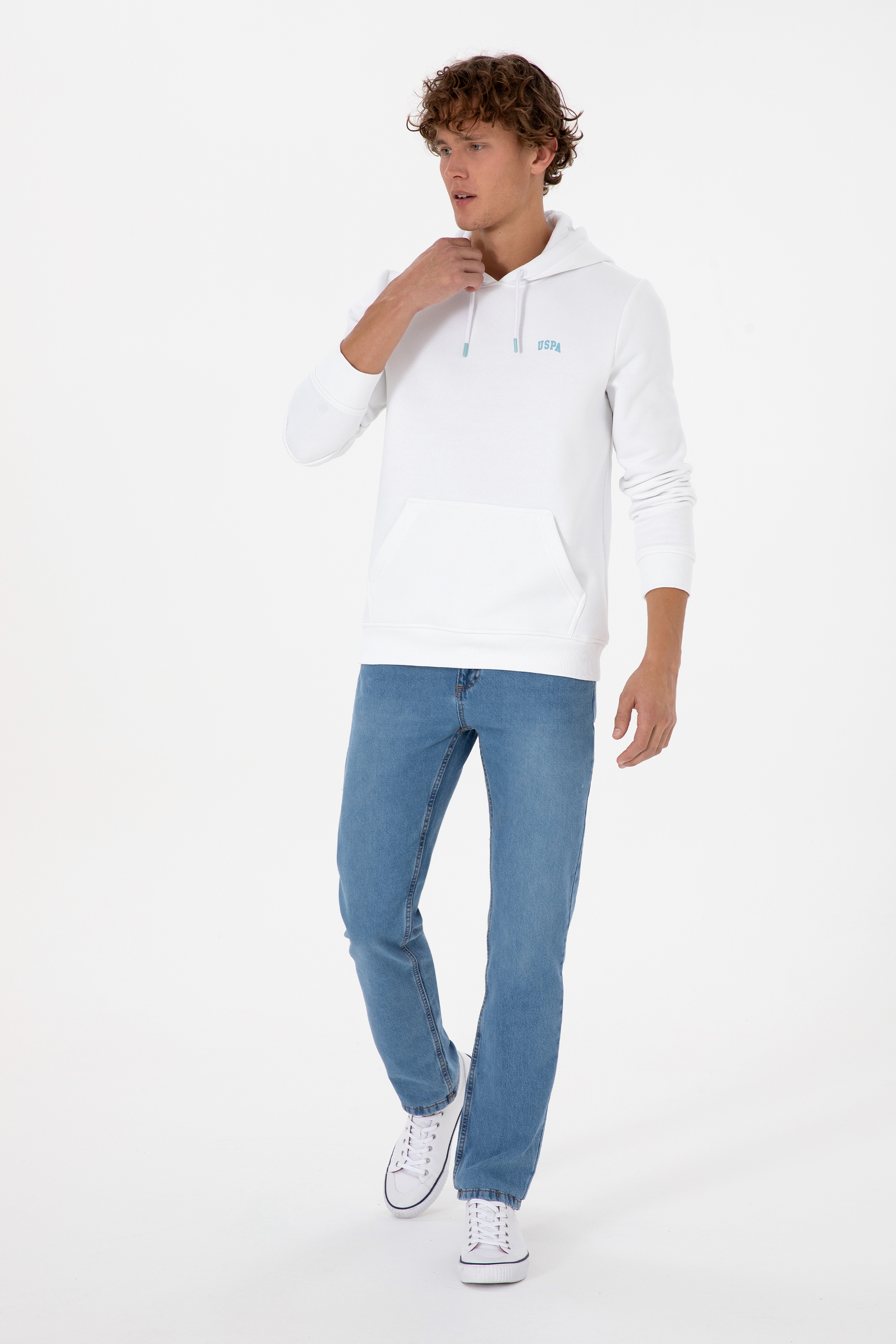 Erkek Regular Fit Kapüşonlu Şardonlu Beyaz Basic Sweatshirt - Image 4