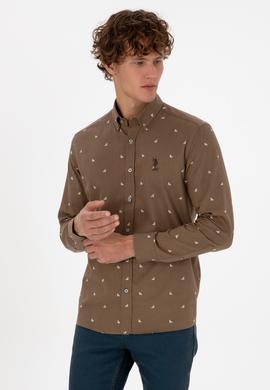 Erkek Haki Uzun Kollu Desenli Gömlek - 50316561015