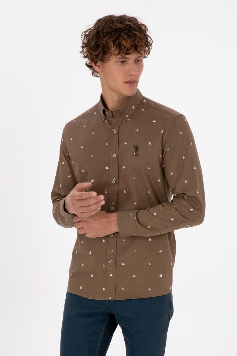 Erkek Haki Uzun Kollu Desenli Gömlek - 50316561015
