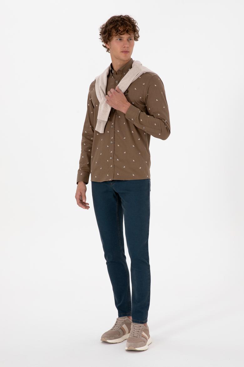 Erkek Haki Uzun Kollu Desenli Gömlek - 50316561015