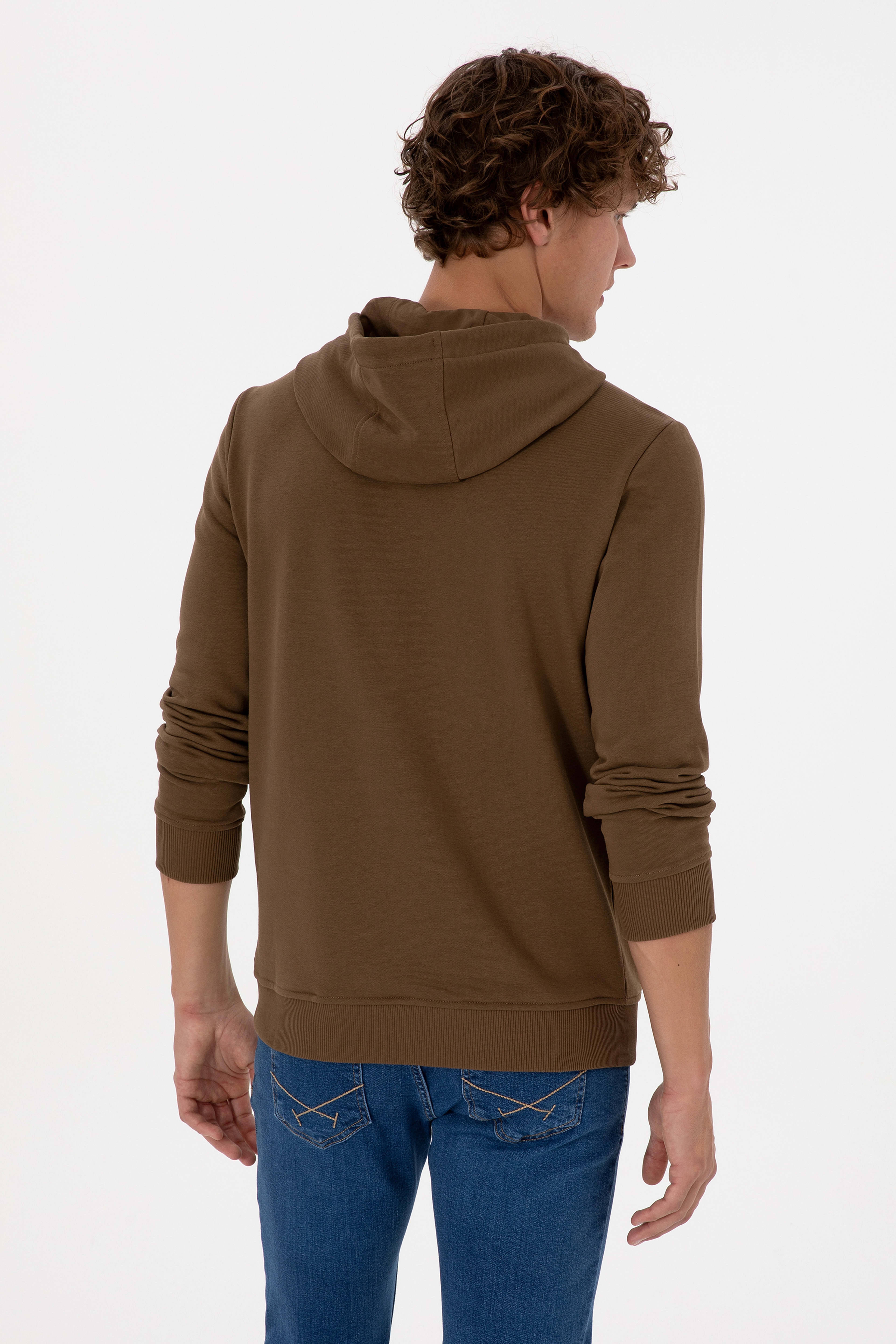 Erkek Regular Fit Kapüşonlu Haki Basic Sweatshirt - Image 5