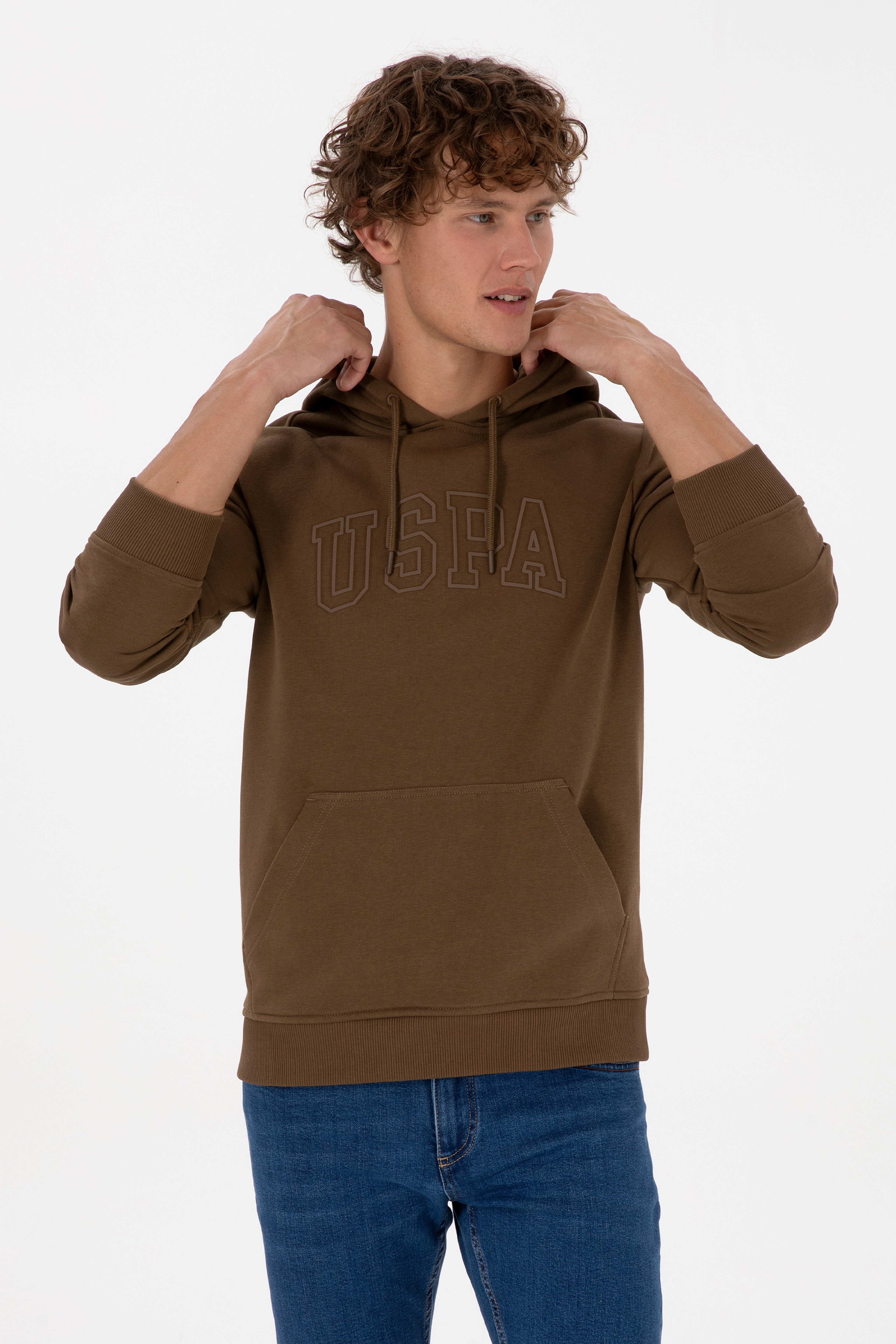 Erkek Regular Fit Kapüşonlu Haki Basic Sweatshirt - Image 3