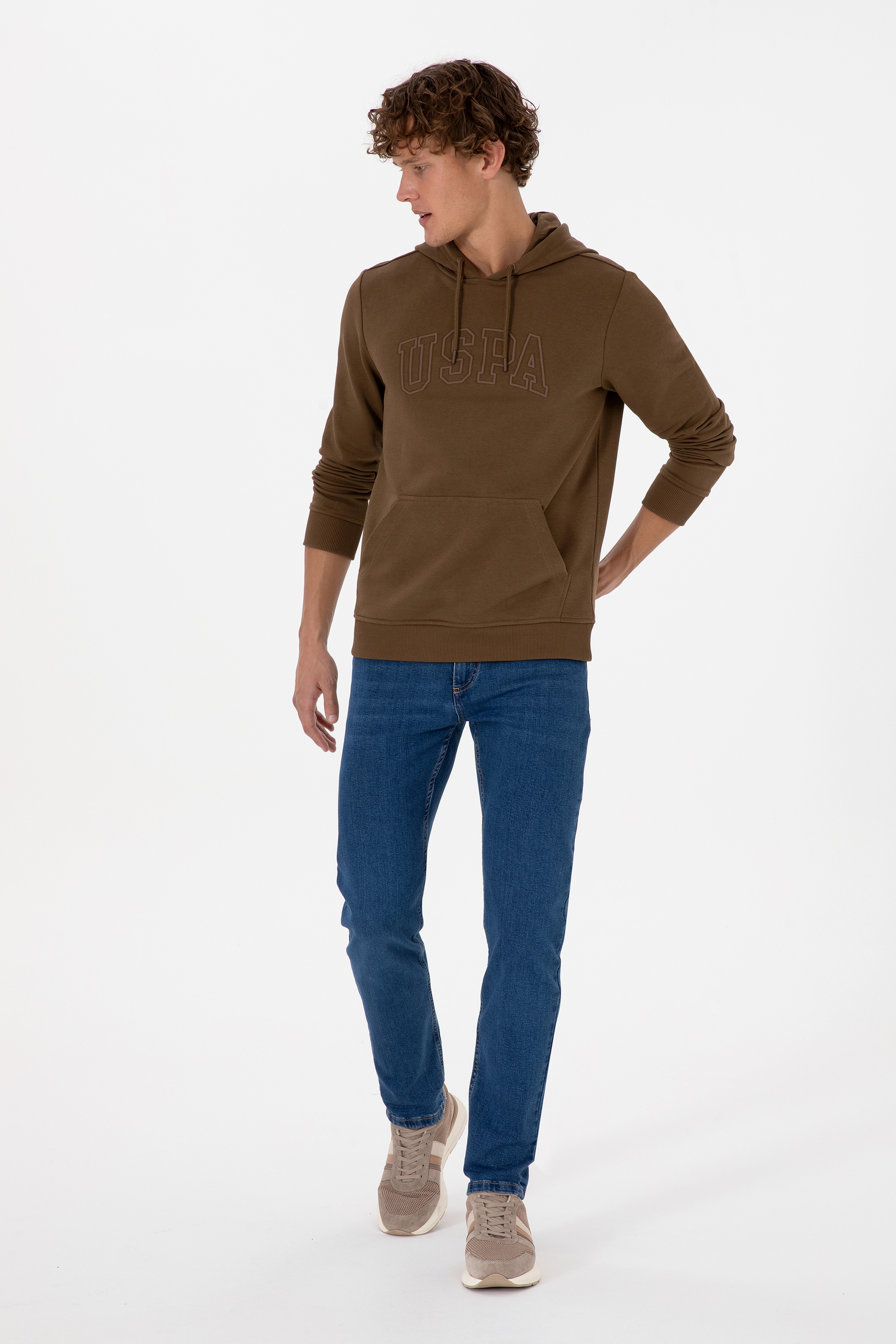 Erkek Regular Fit Kapüşonlu Haki Basic Sweatshirt - Image 4