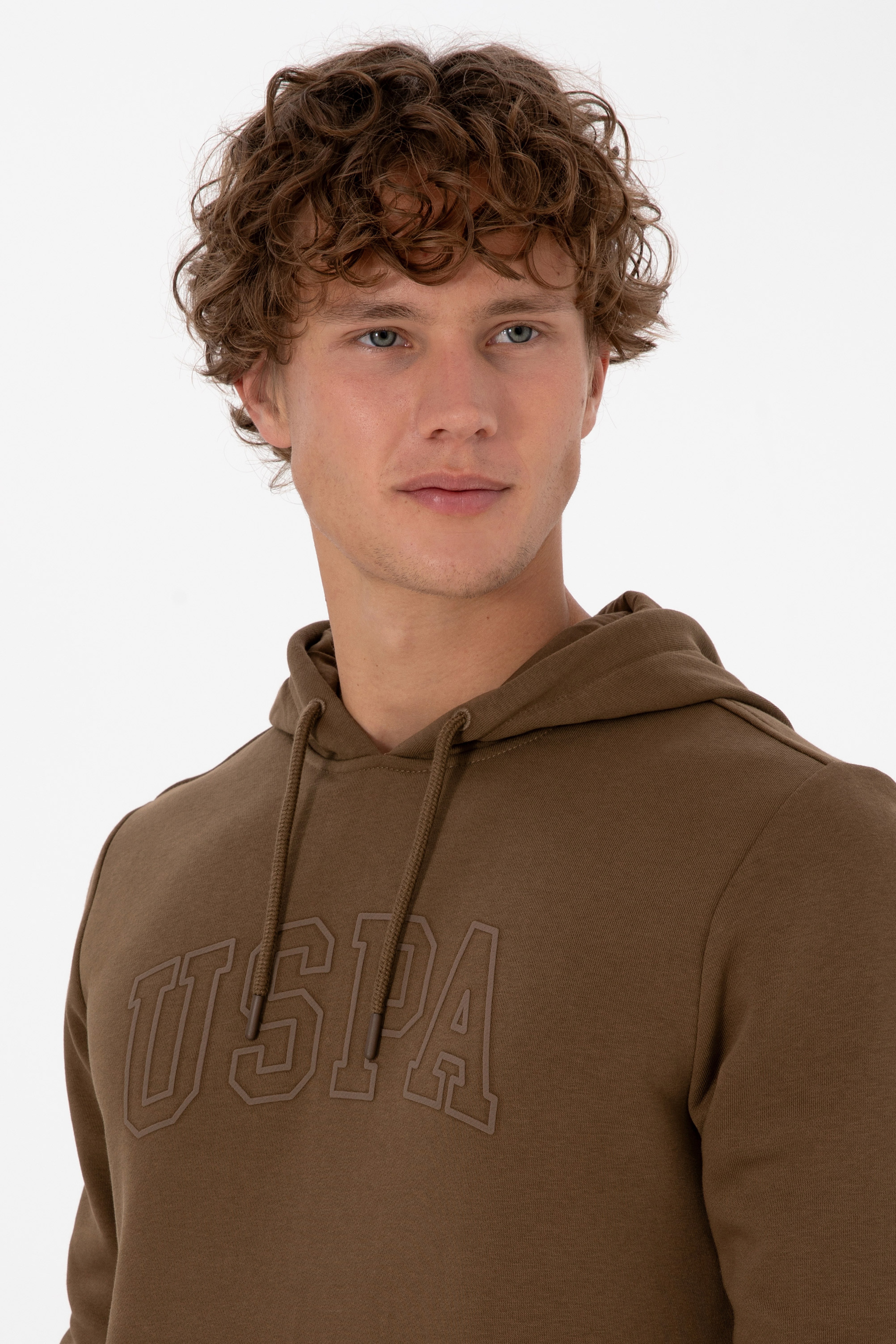 Erkek Regular Fit Kapüşonlu Haki Basic Sweatshirt - Image 2