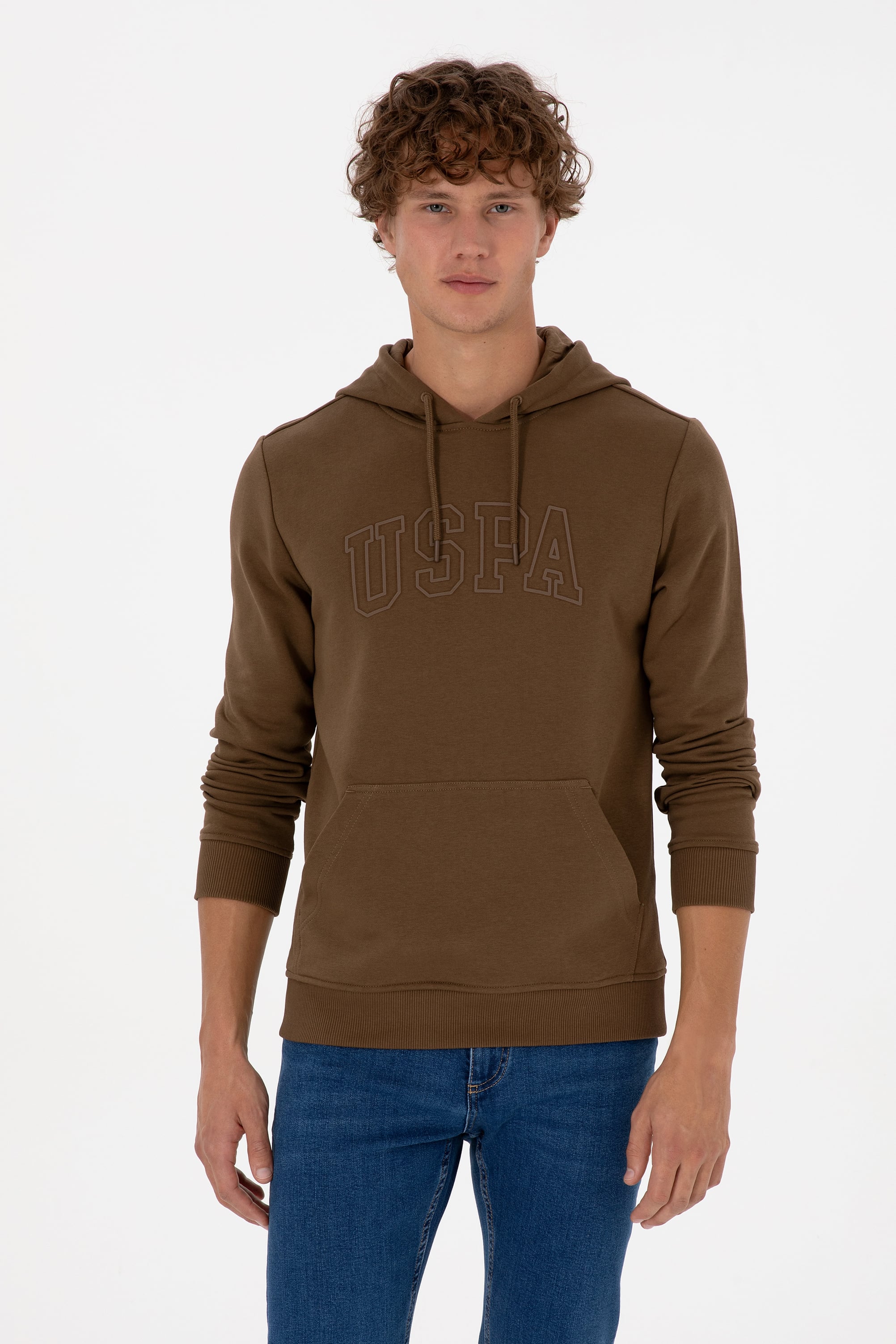 Erkek Regular Fit Kapüşonlu Haki Basic Sweatshirt - Image 1