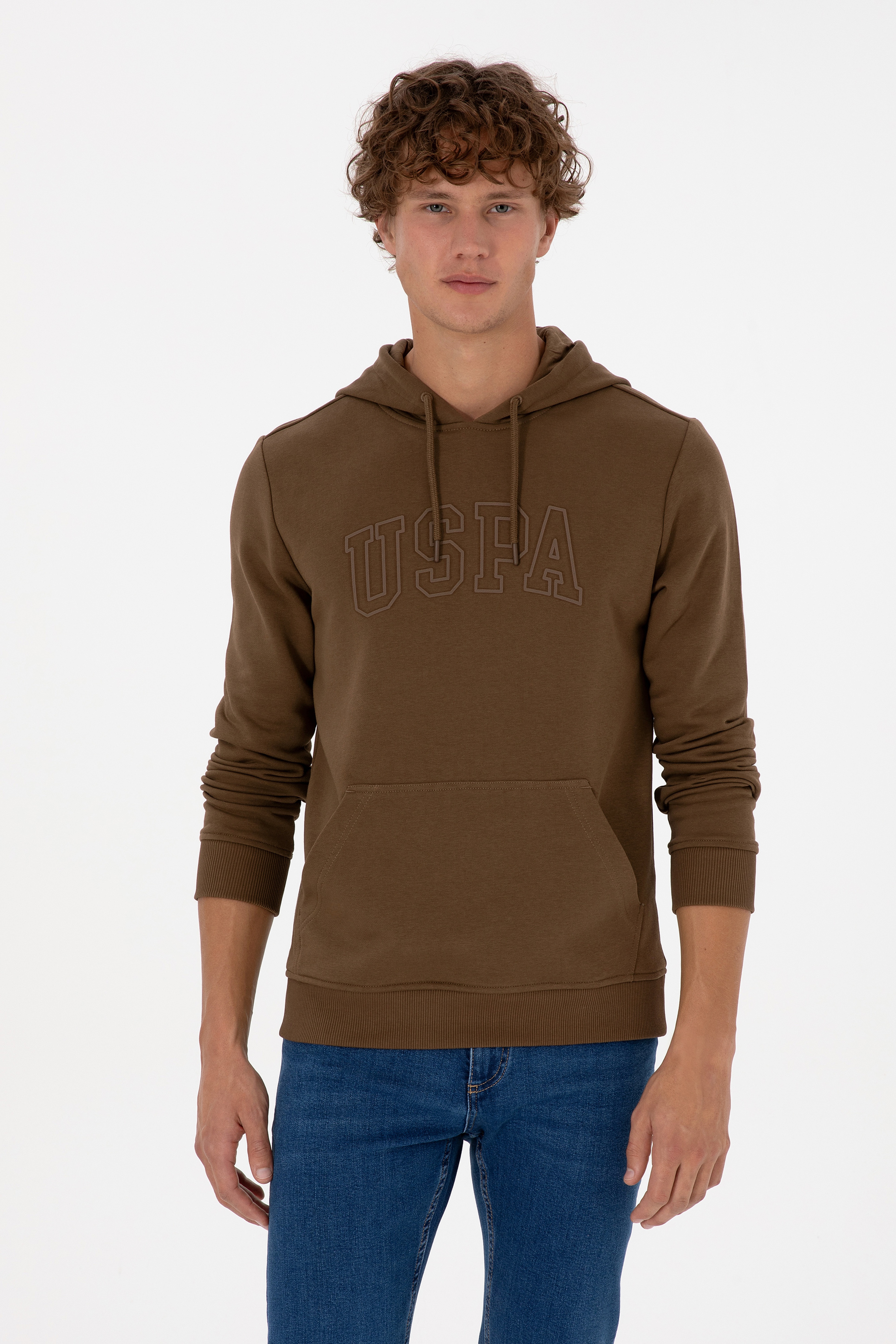 Erkek Regular Fit Kapüşonlu Haki Basic Sweatshirt