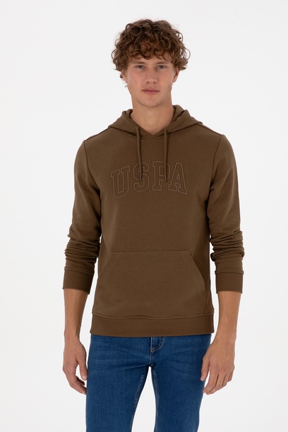 Erkek Regular Fit Kapüşonlu Haki Basic Sweatshirt
