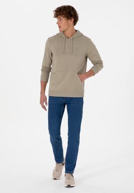 Erkek Regular Fit Kapüşonlu Açık Haki Basic Sweatshirt - 50315663077