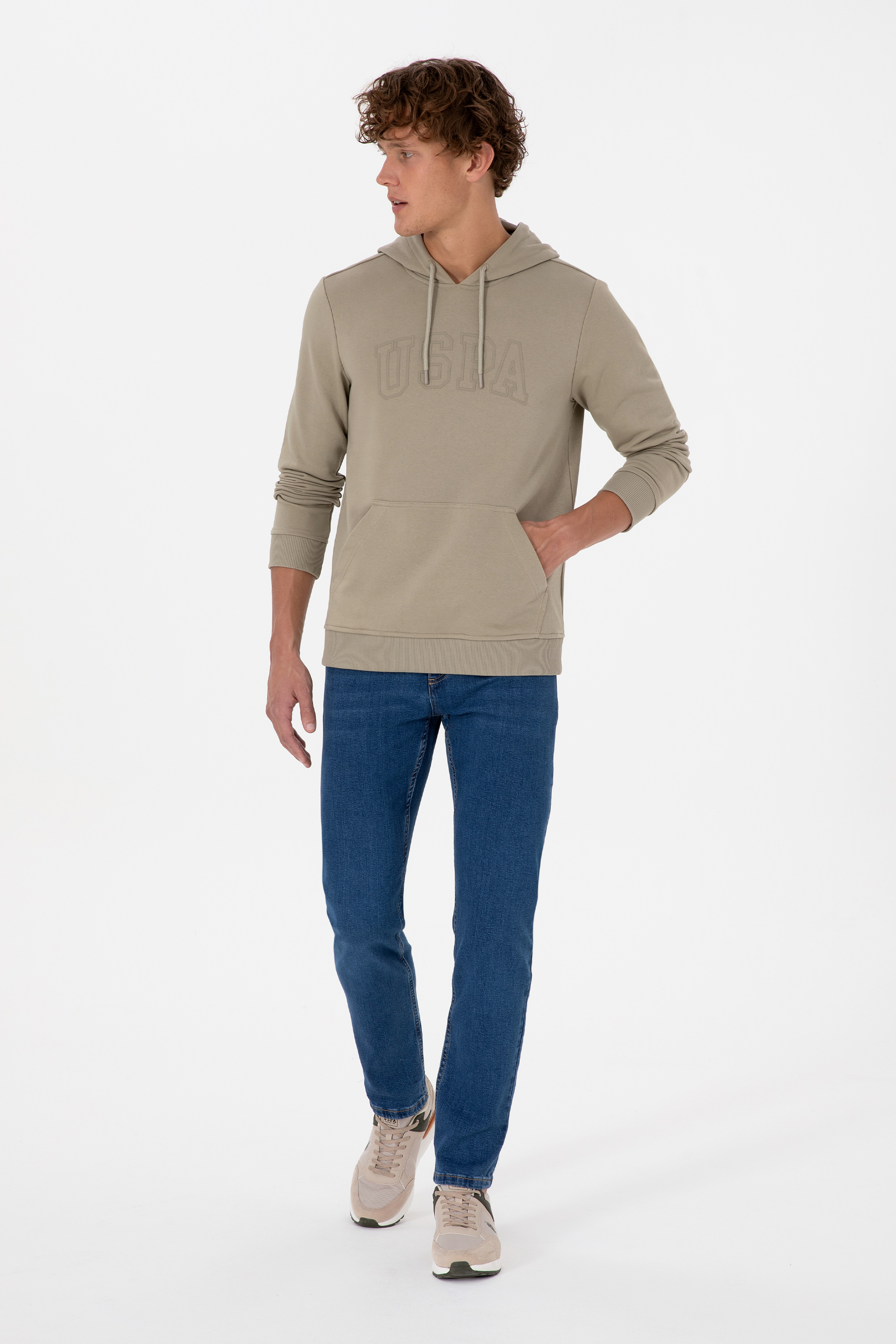 Erkek Regular Fit Kapüşonlu Açık Haki Basic Sweatshirt - Image 4
