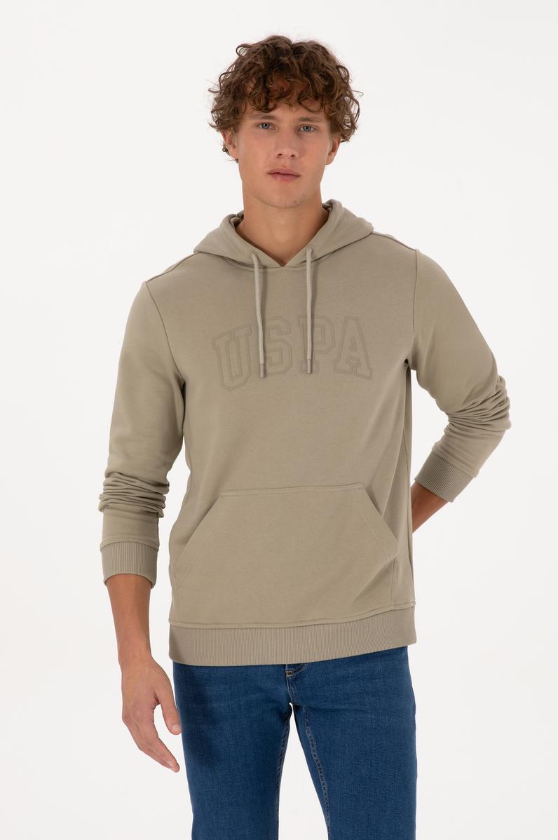 Erkek Regular Fit Kapüşonlu Açık Haki Basic Sweatshirt