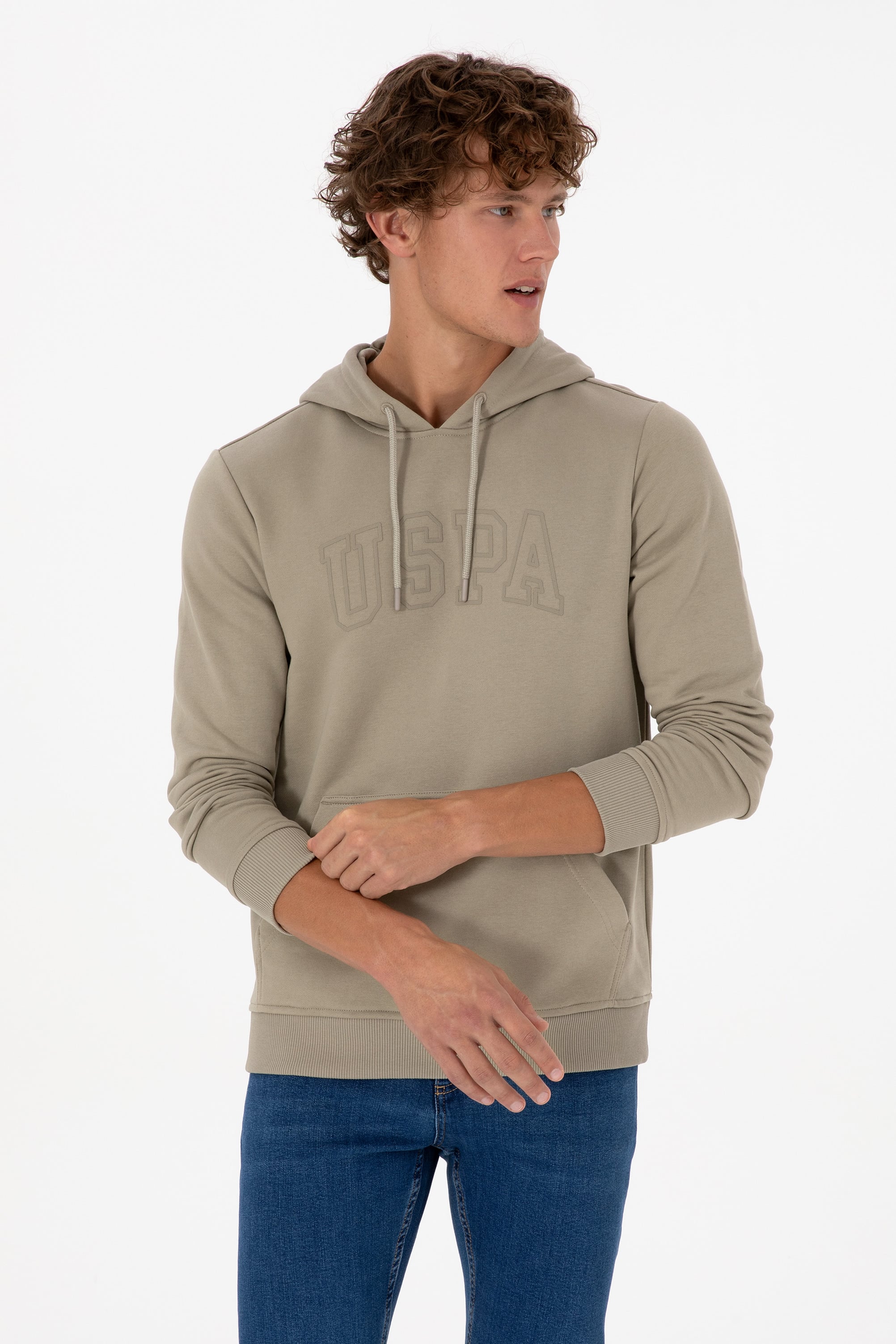 Erkek Regular Fit Kapüşonlu Açık Haki Basic Sweatshirt