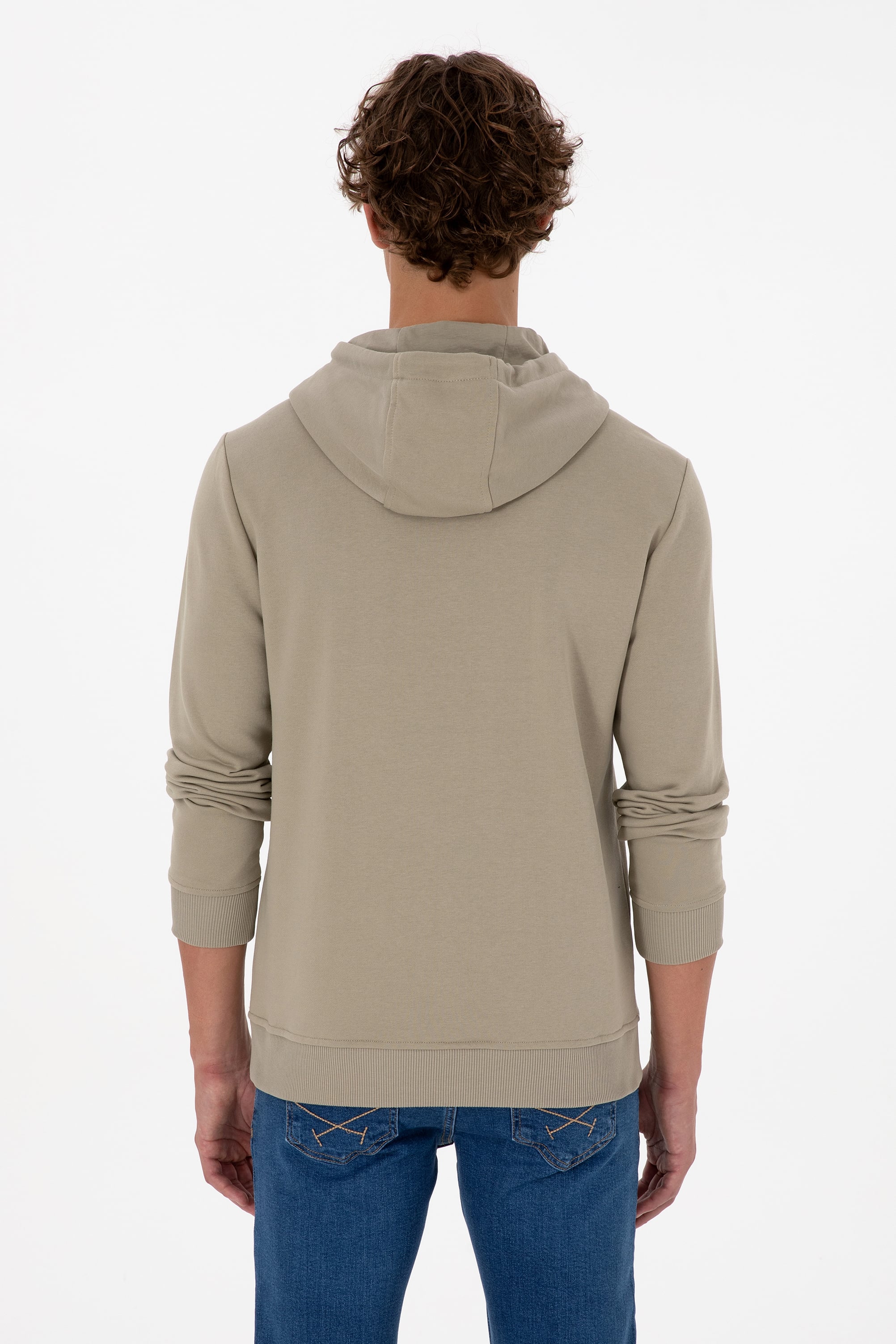 Erkek Regular Fit Kapüşonlu Açık Haki Basic Sweatshirt