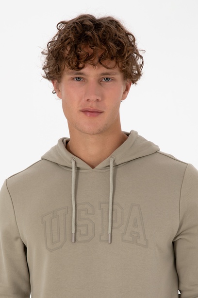 Erkek Regular Fit Kapüşonlu Açık Haki Basic Sweatshirt