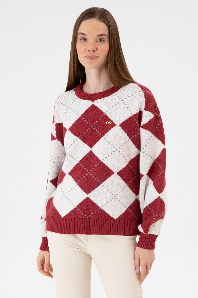 Kadın Koyu Frambuaz Bisiklet Yaka Kazak